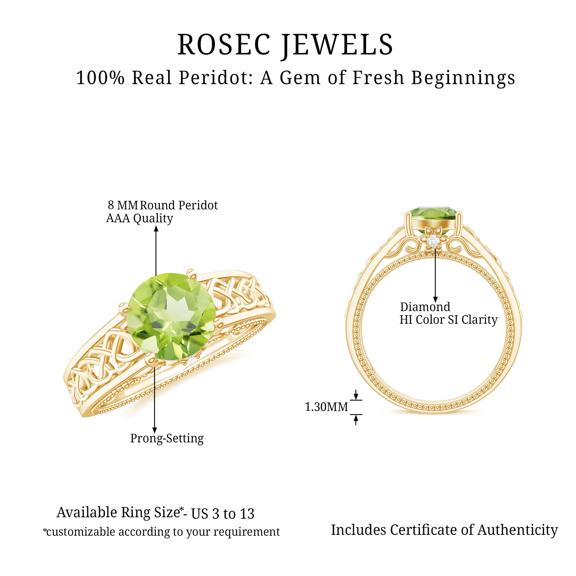 Rosec Jewels-Real 2 Carat Peridot Celtic Knot Engagement Ring with Surprise Diamond