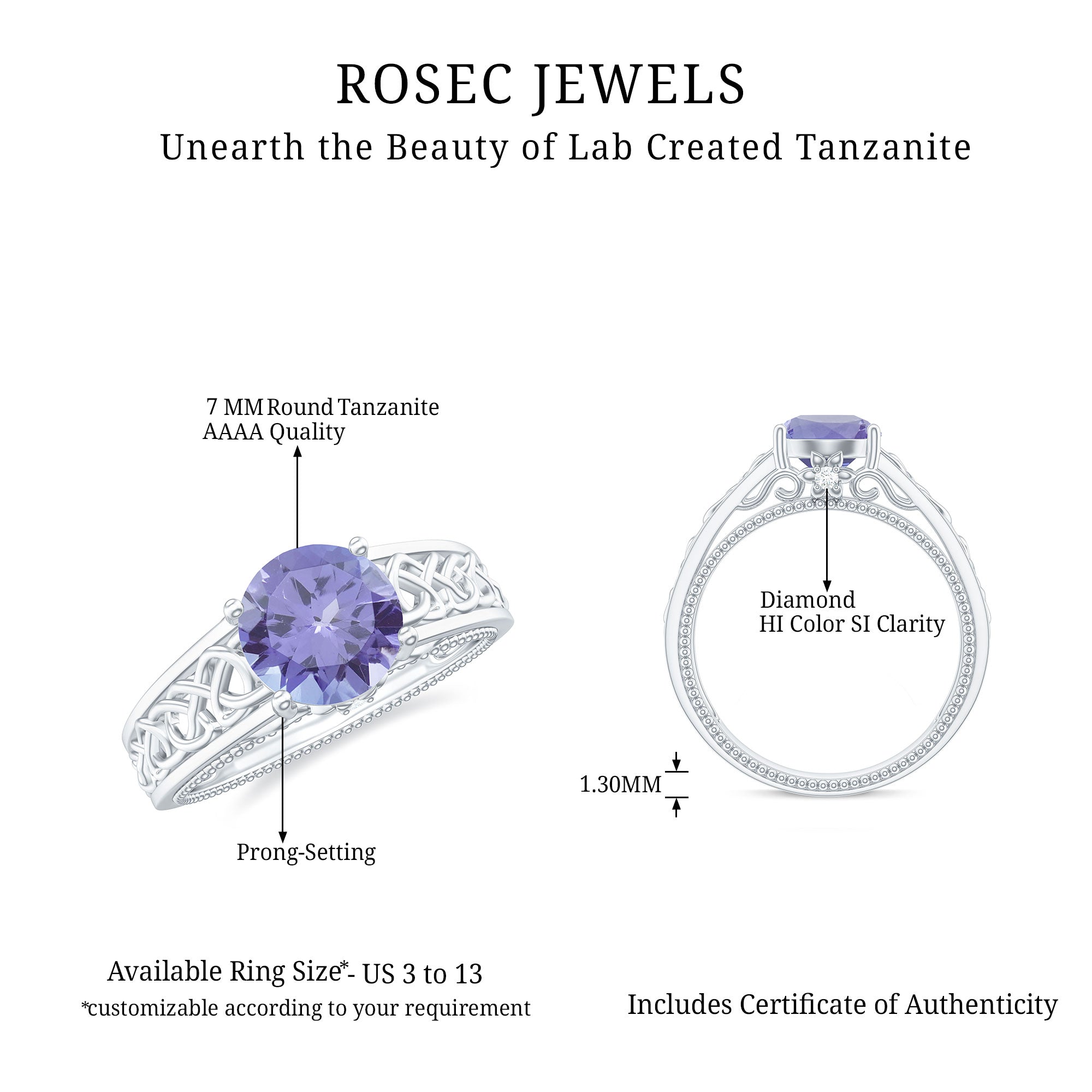 Vintage Inspired Created Tanzanite Celtic Knot Band Ring with Surprise Diamond Lab Created Tanzanite - ( AAAA ) - Quality - Rosec Jewels