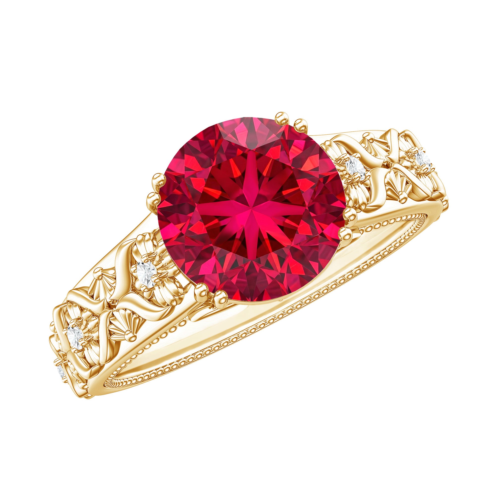 Vintage Inspired Lab Created Ruby Solitaire Engagement Ring AAAA - Rosec Jewels