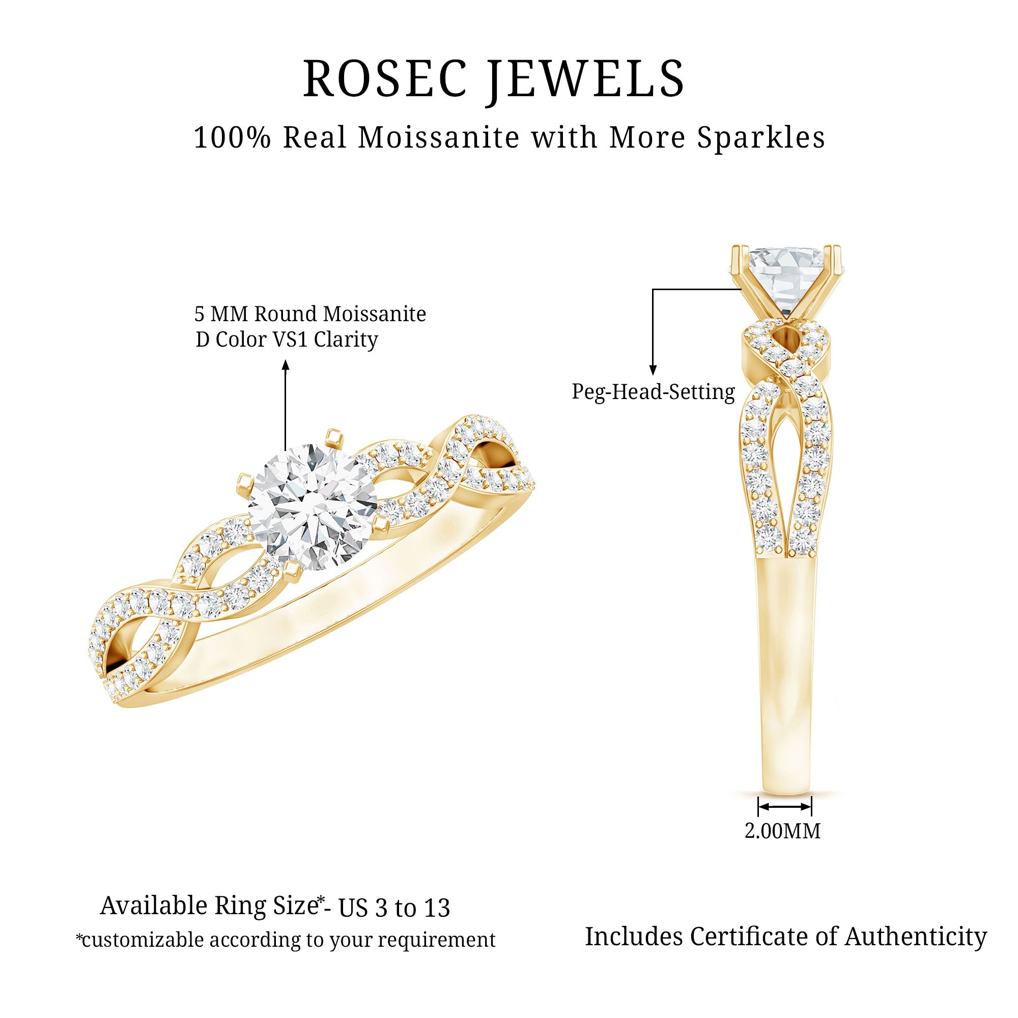 1 CT Round Shape Moissanite Crossover Infinity Ring D-VS1 - Rosec Jewels