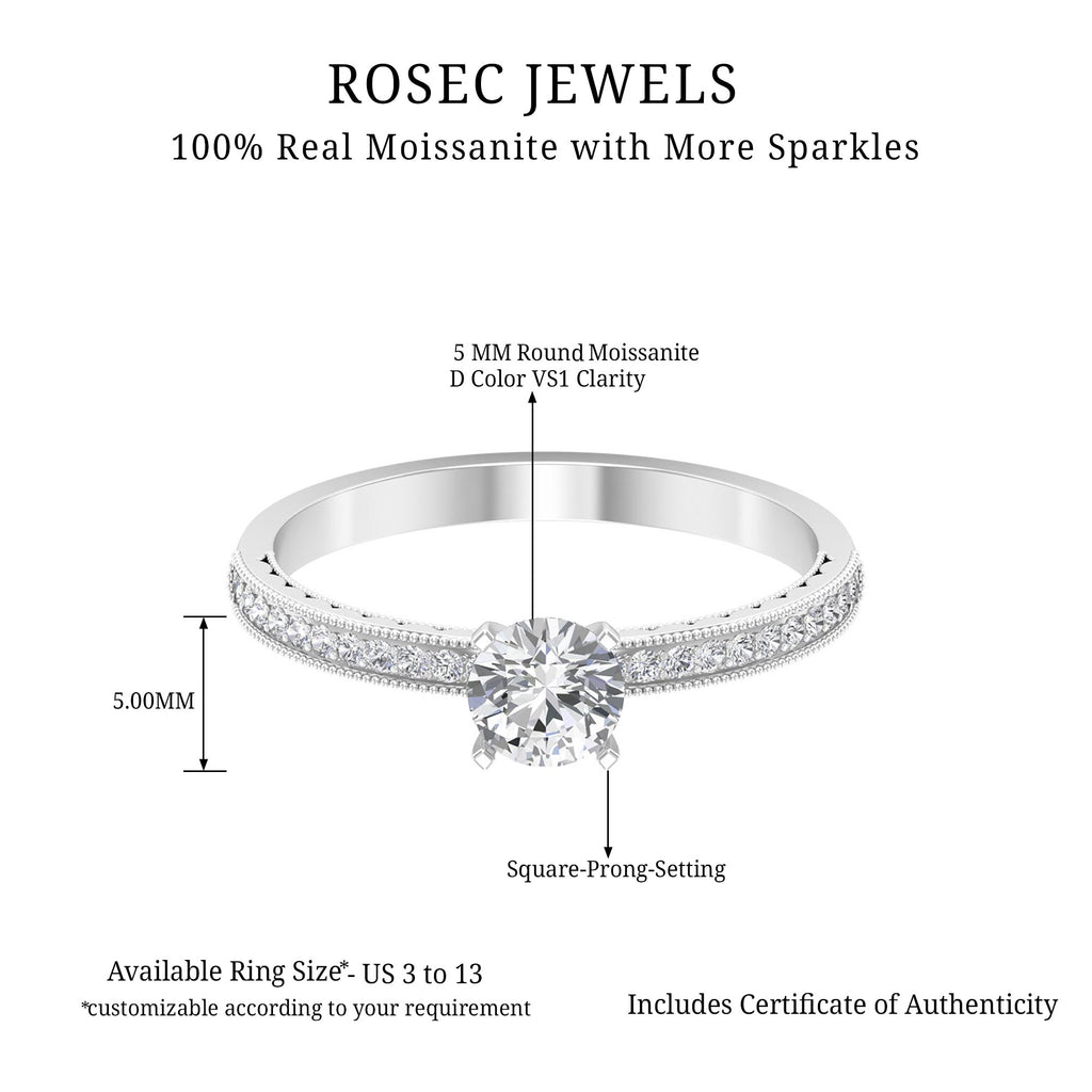 3/4 CT Moissanite Solitaire Engagement Ring with Milgrain Moissanite - ( D-VS1 ) - Color and Clarity - Rosec Jewels