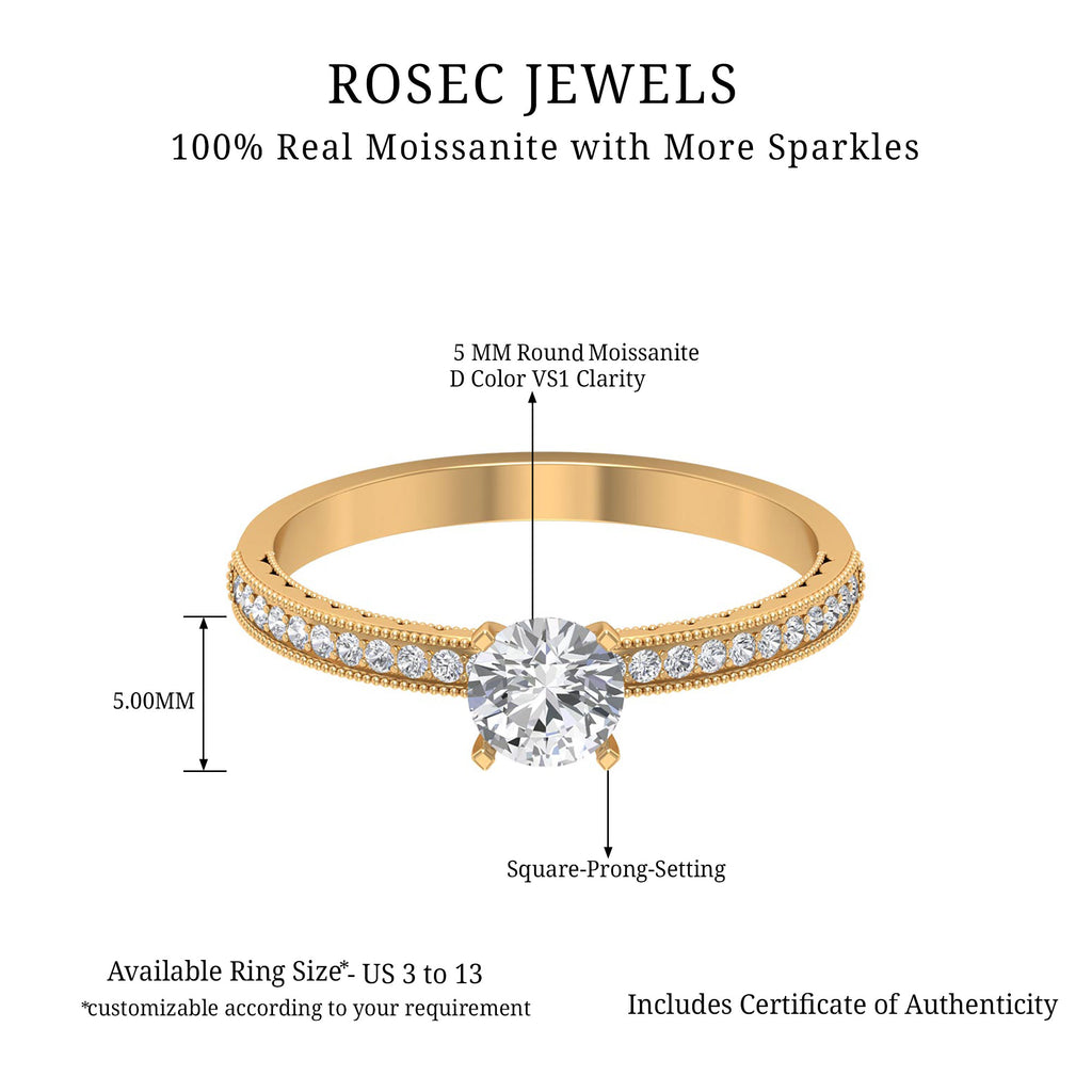 3/4 CT Moissanite Solitaire Engagement Ring with Milgrain Moissanite - ( D-VS1 ) - Color and Clarity - Rosec Jewels