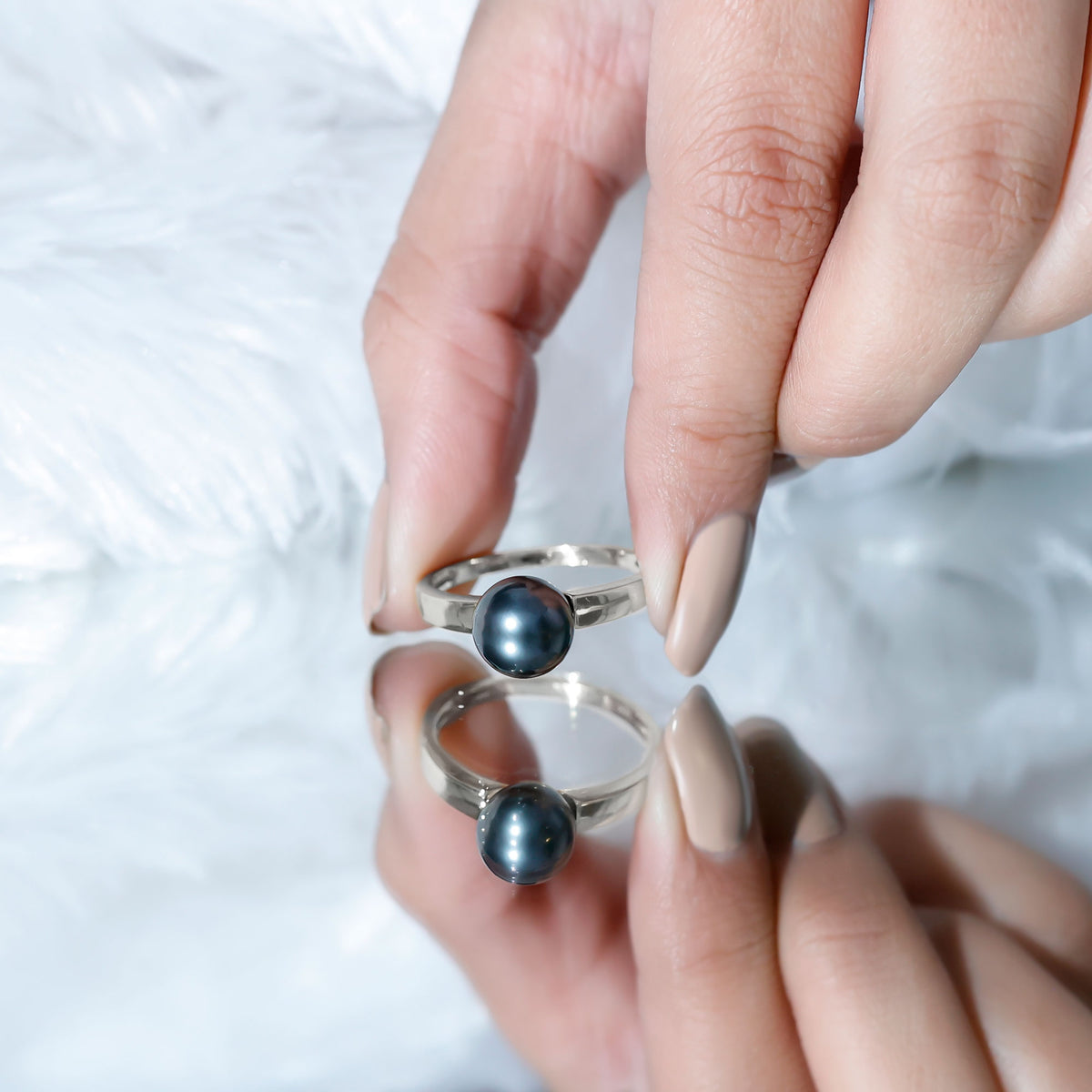 Handpicked Natural Black Pearl Solitaire Engagement Ring With Certificate AAA - Rosec Jewels