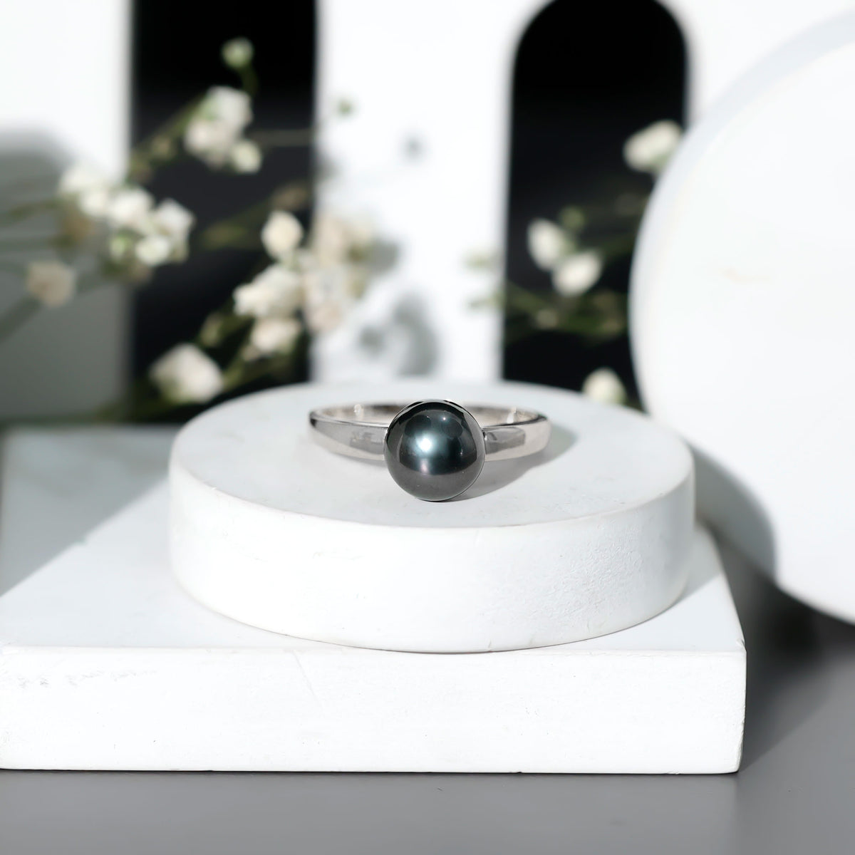 Handpicked Natural Black Pearl Solitaire Engagement Ring With Certificate AAA - Rosec Jewels