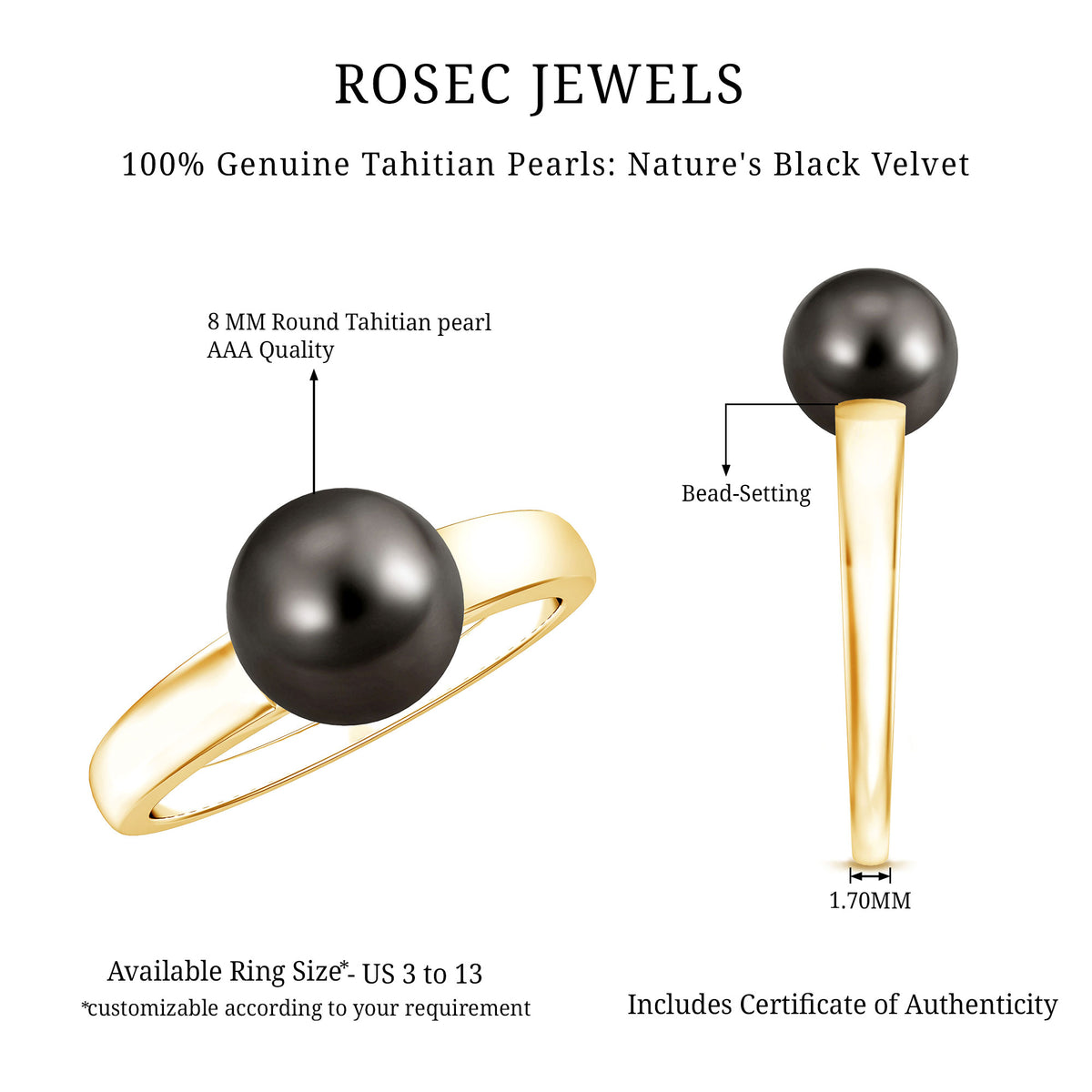 Handpicked Natural Black Pearl Solitaire Engagement Ring With Certificate AAA - Rosec Jewels