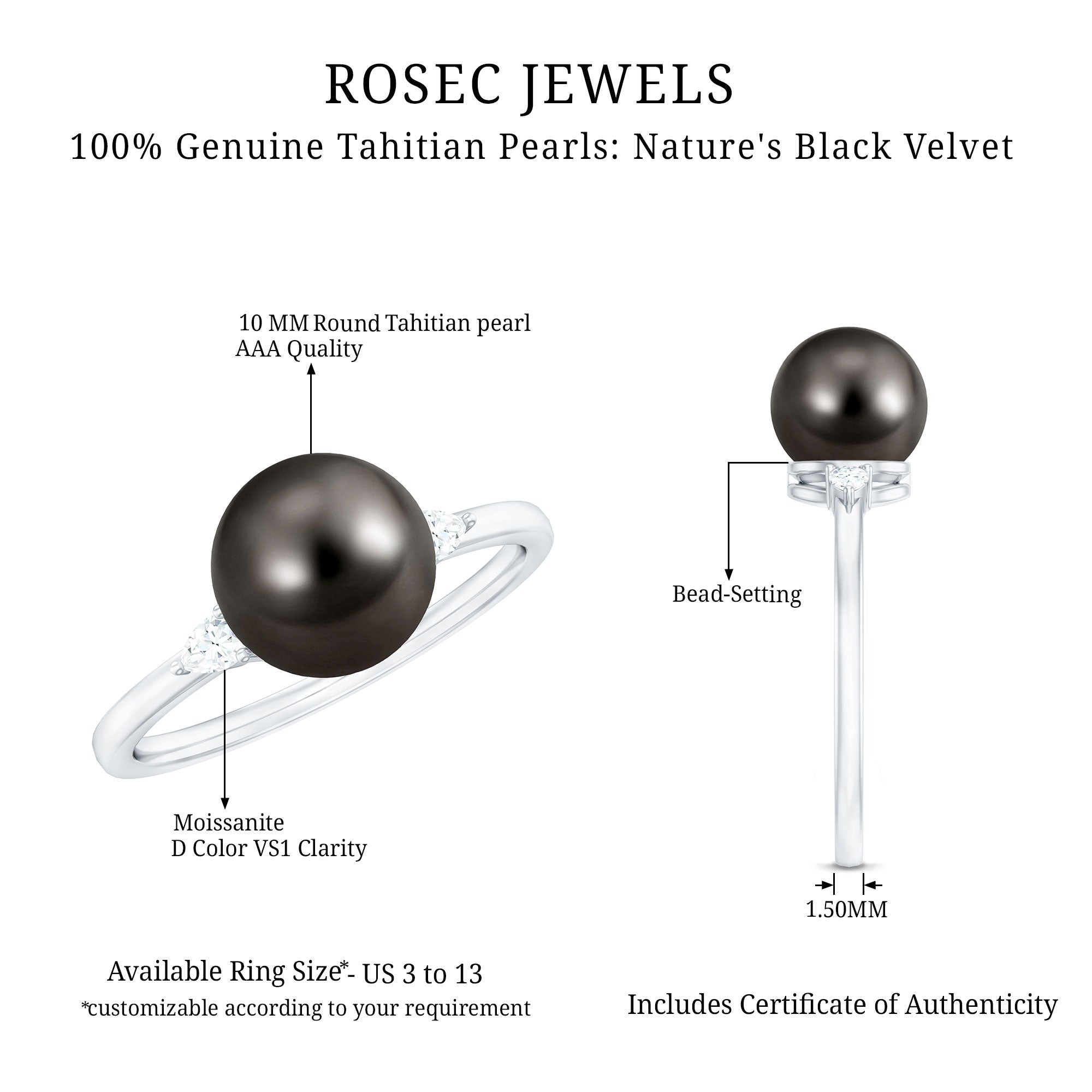 Rosec Jewels-Round Tahitian Pearl Solitaire Engagement Ring with Moissanite