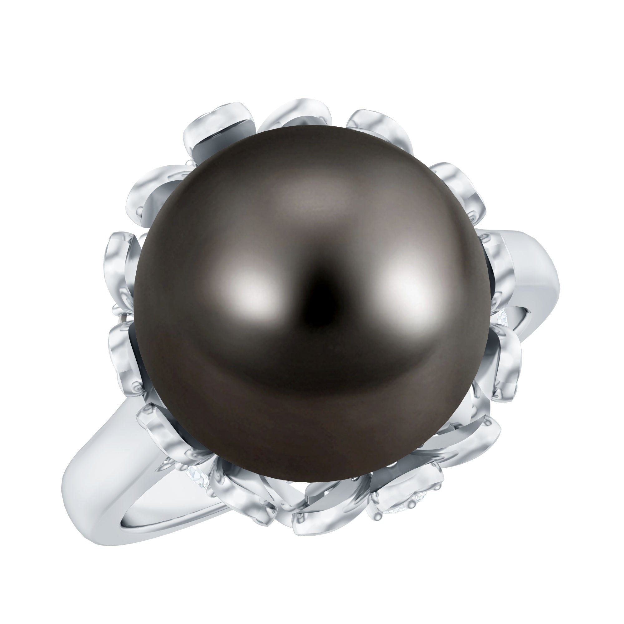 Rosec Jewels-10MM Solitaire Tahitian Black Pearl Engagement Ring with Floral Setting