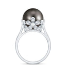10MM Solitaire Tahitian Black Pearl Engagement Ring with Floral Setting AAA - Rosec Jewels