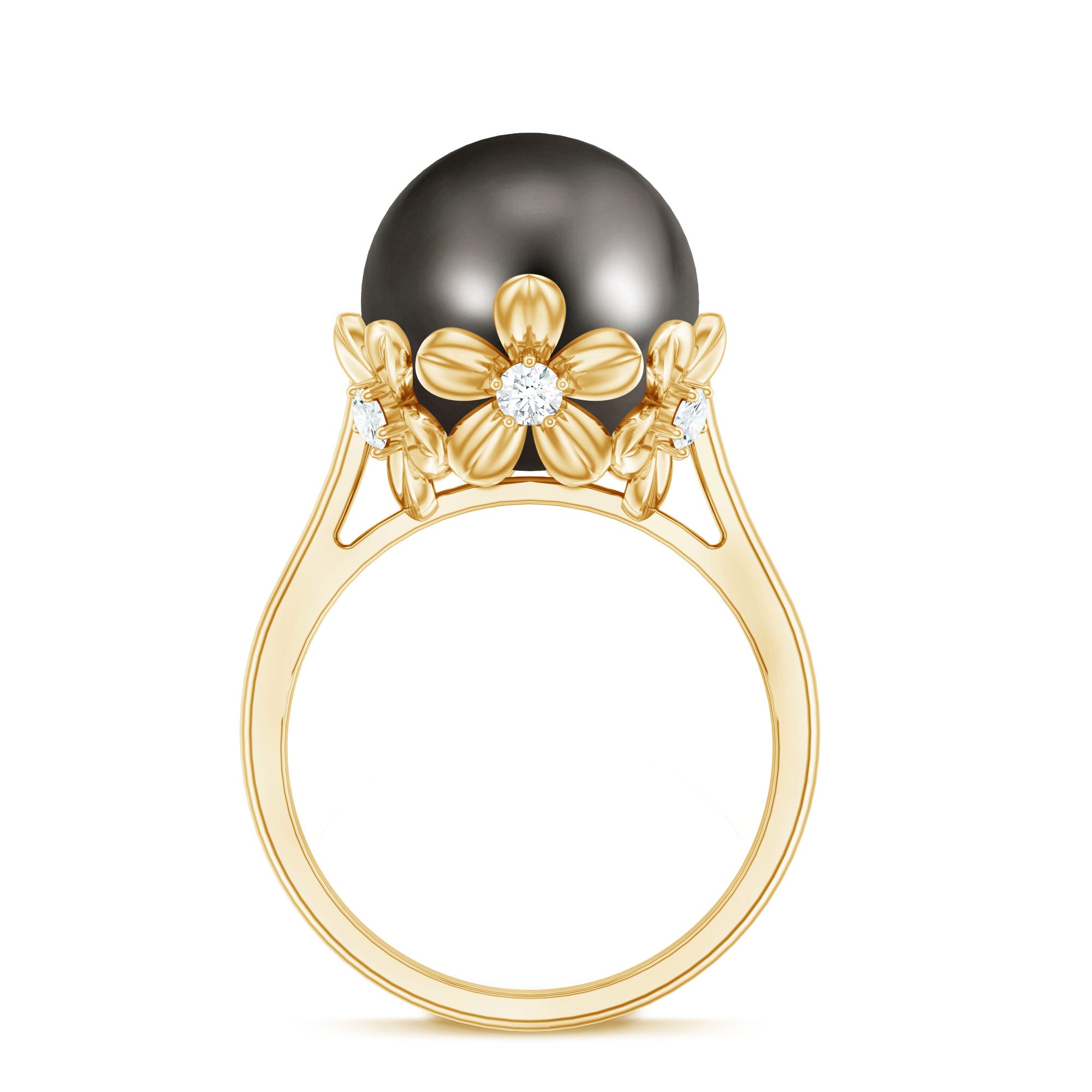 Rosec Jewels-10MM Solitaire Tahitian Black Pearl Engagement Ring with Floral Setting