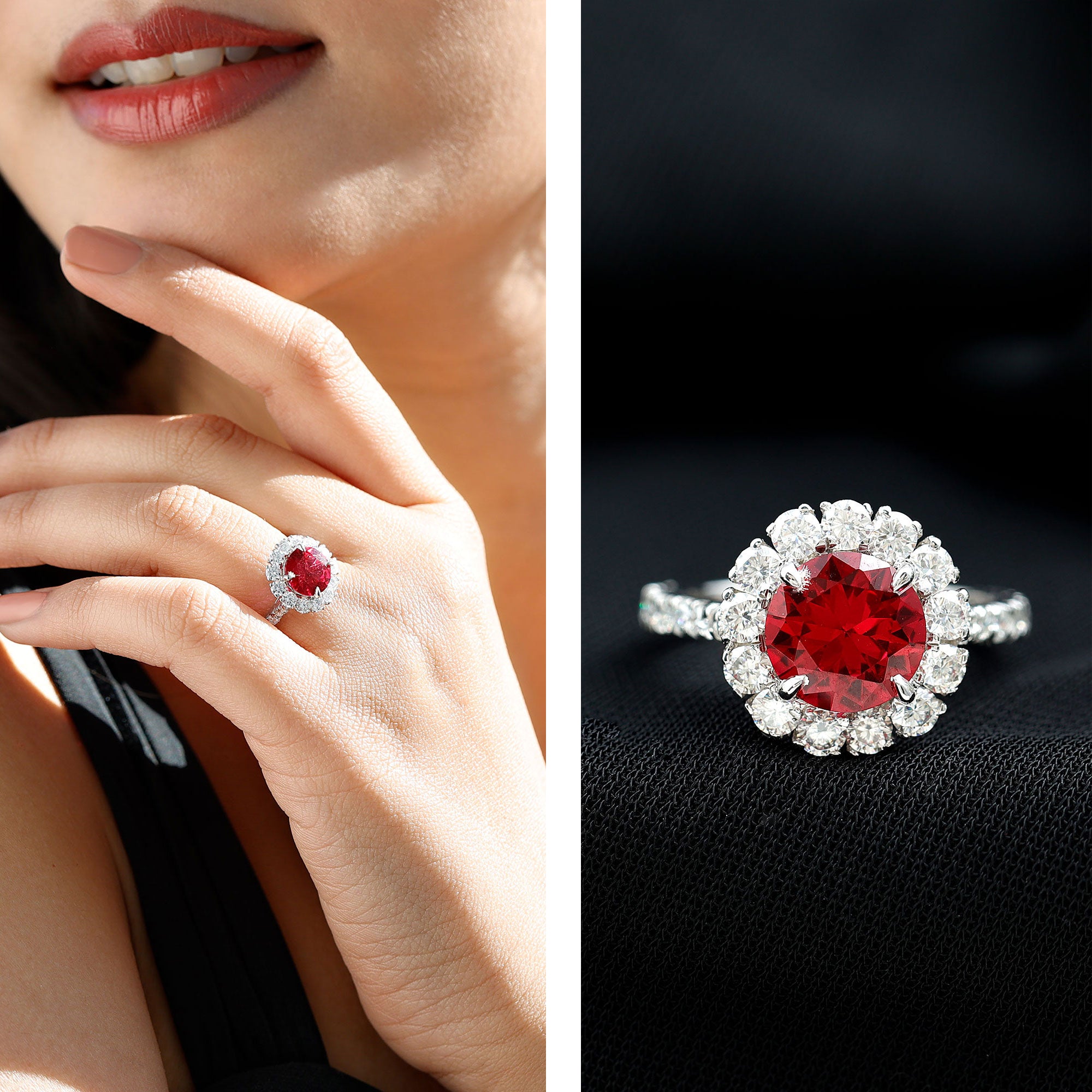 Rosec Jewels-Round Lab Created Ruby and Moissanite Halo Engagement Ring