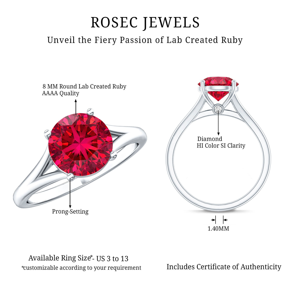 2.3 Carat Round Lab Grown Ruby Solitaire Engagement Ring in Split Shank AAAA - Rosec Jewels