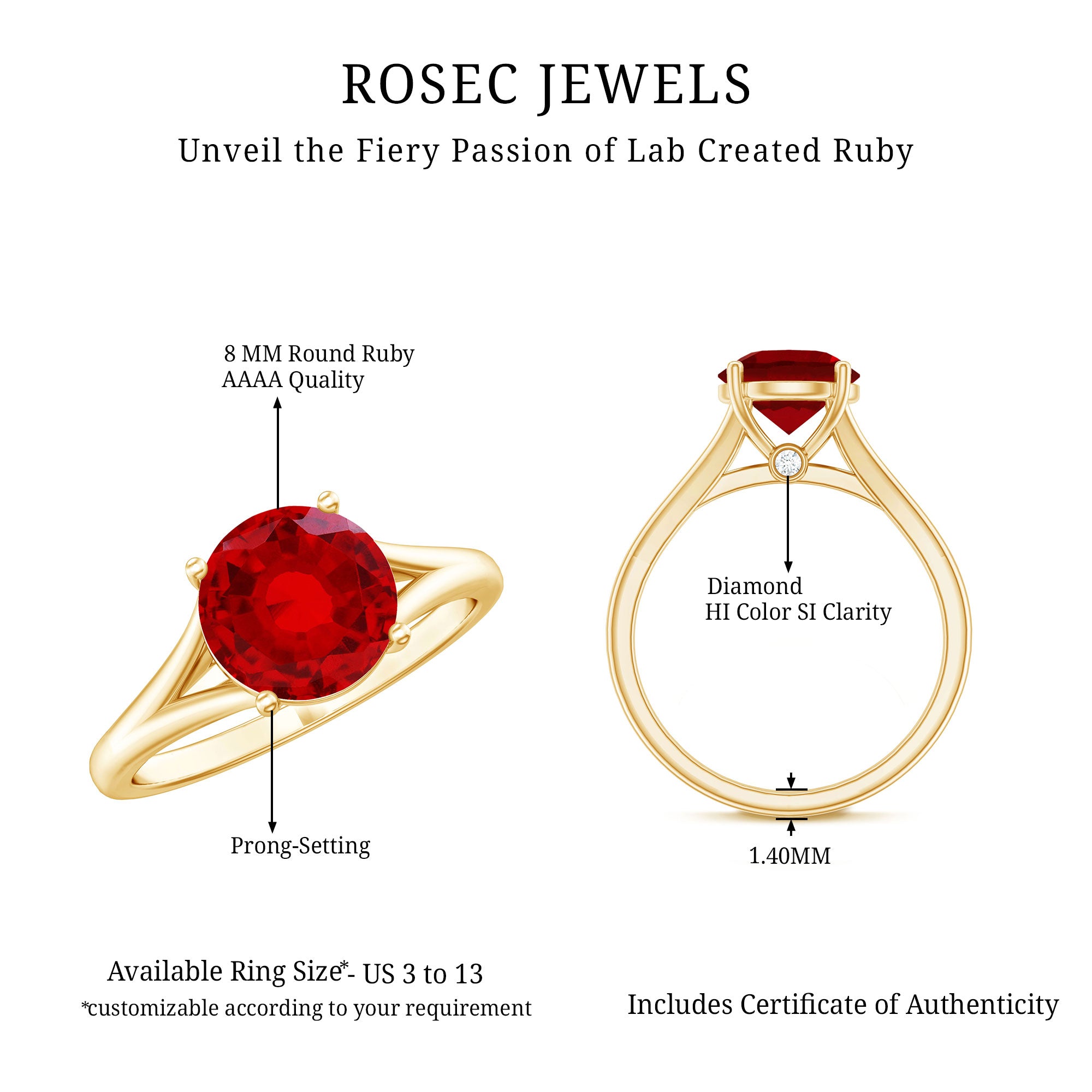 2.3 Carat Round Lab Grown Ruby Solitaire Engagement Ring in Split Shank AAAA - Rosec Jewels