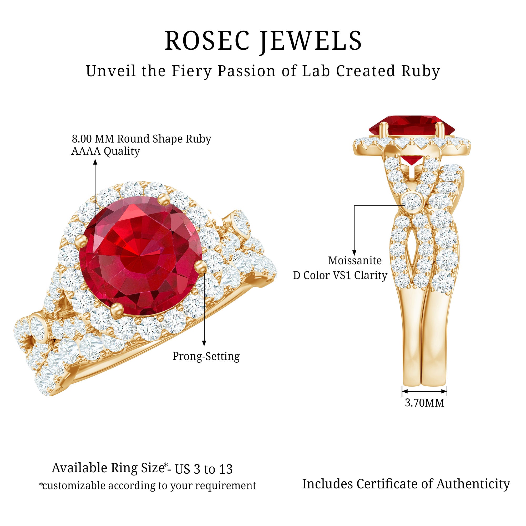 Rosec Jewels-Round Cut Lab Created Ruby and Moissanite Bridal Ring Set