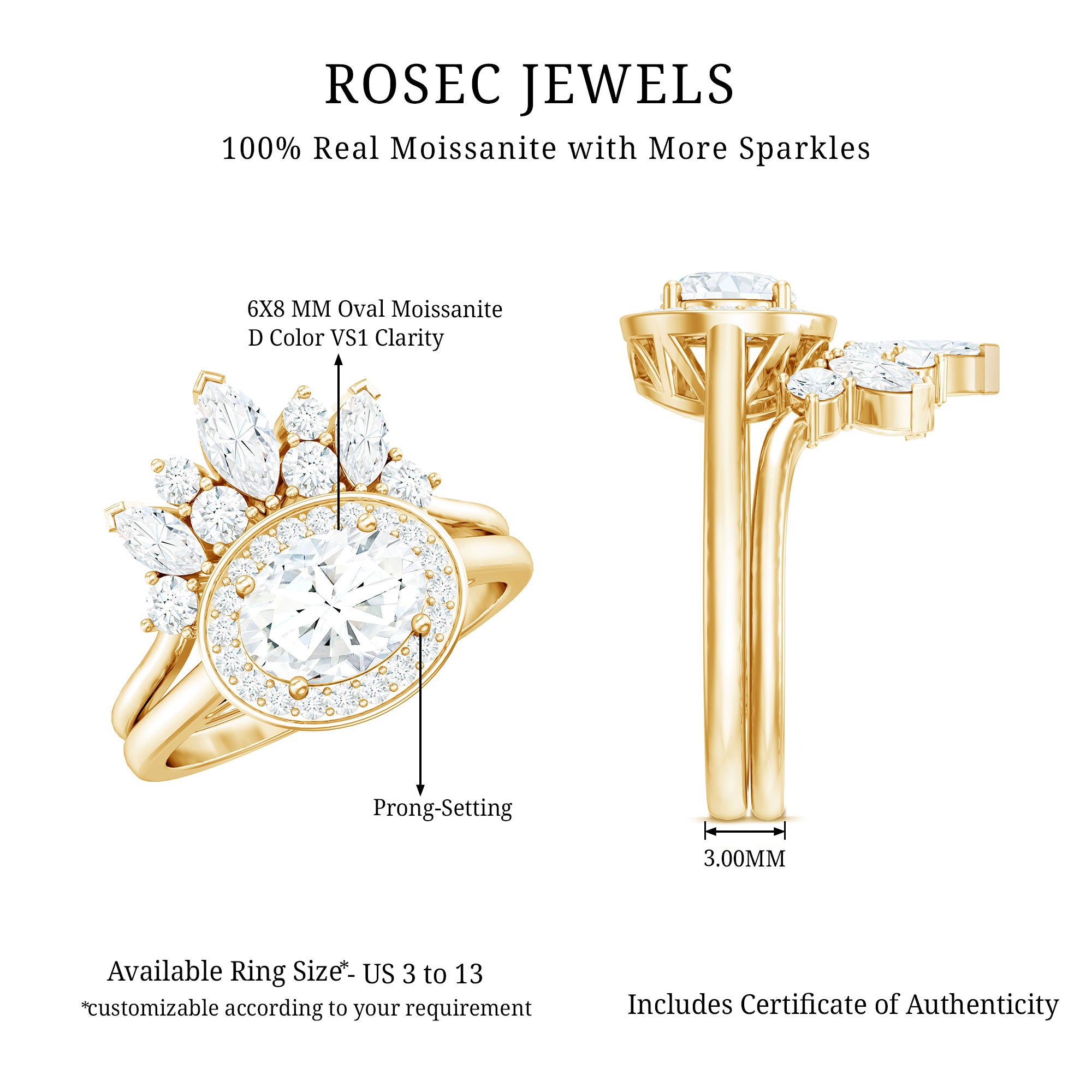 Rosec Jewels-Designer Moissanite Oval Halo Wedding Ring Set with Certificate