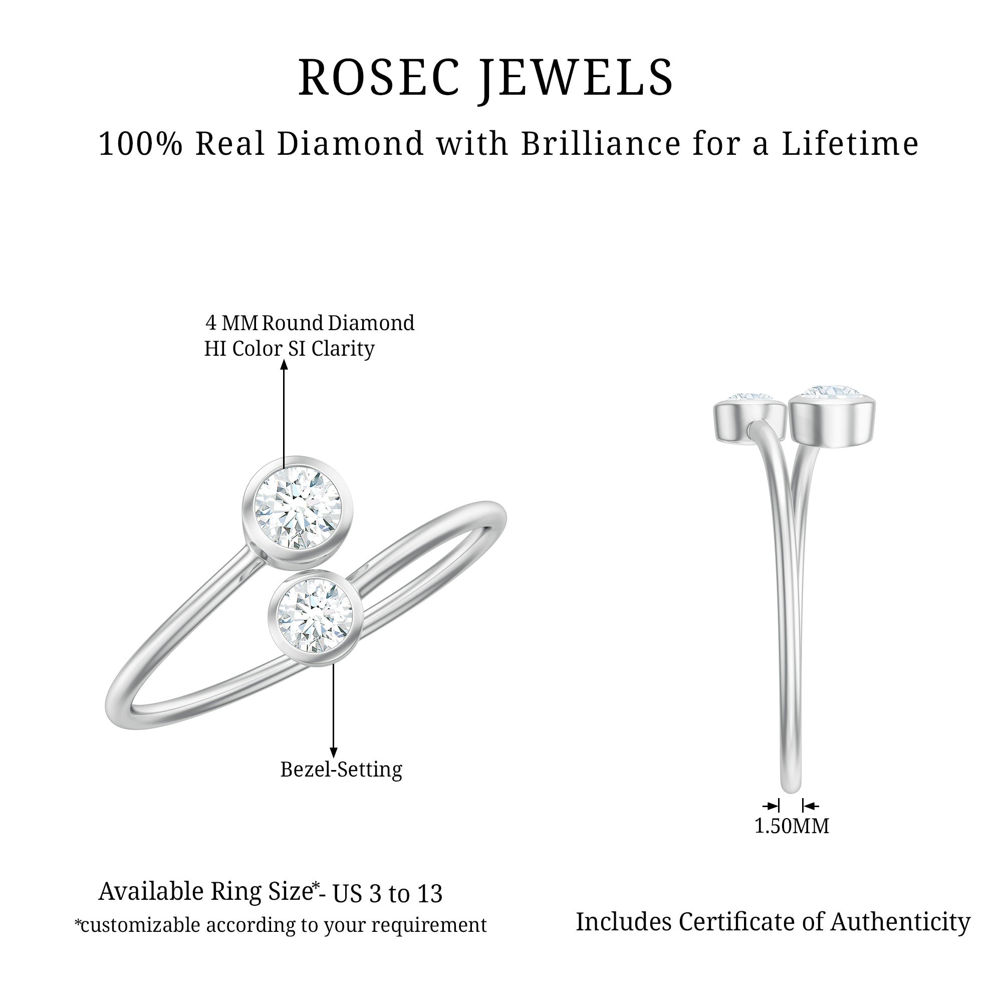 Bezel Set Diamond Toi Et Moi Ring for Promise Natural - ( HI-SI ) - Rosec Jewels