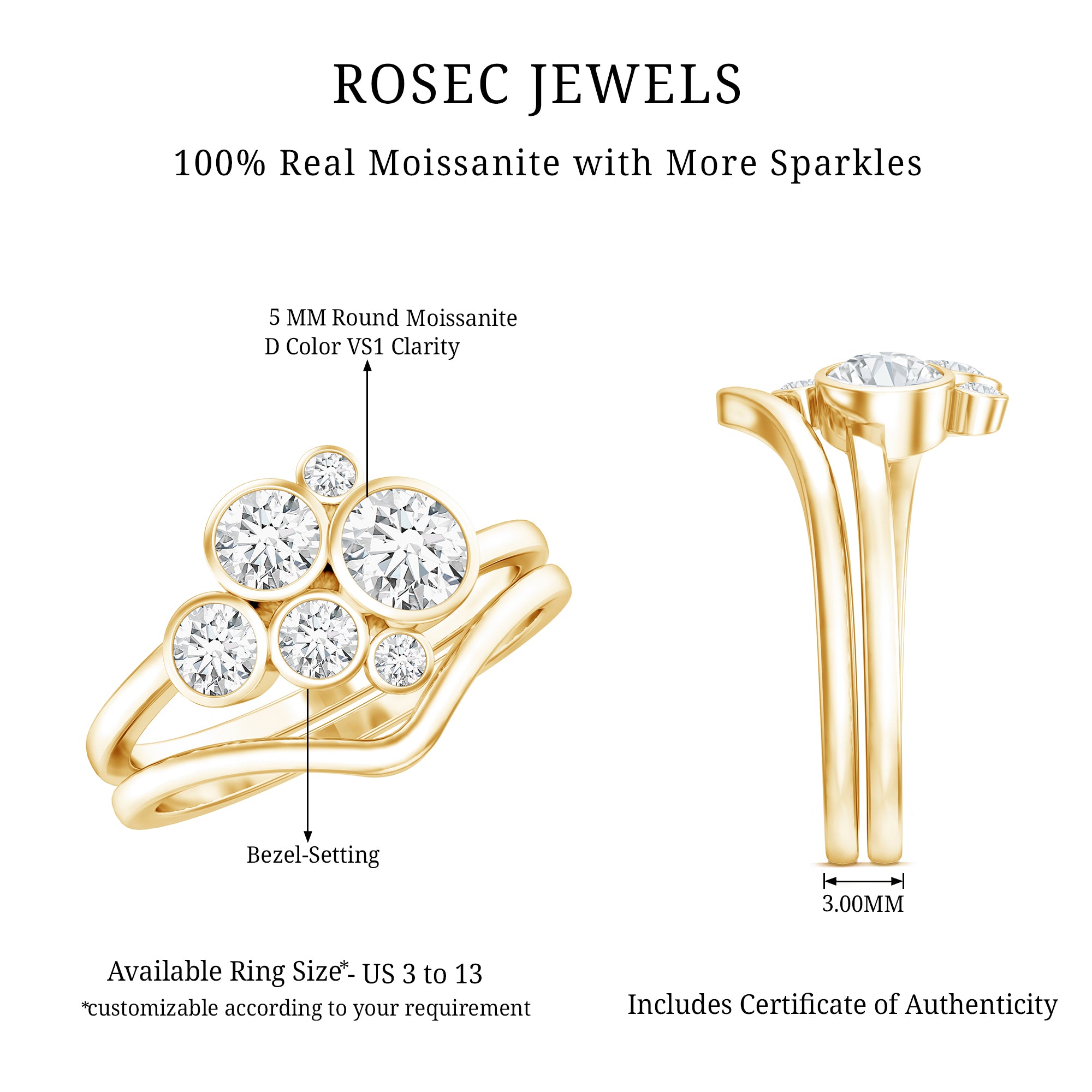 Round Moissanite Cluster Bridal Ring Set for Women D-VS1 - Rosec Jewels