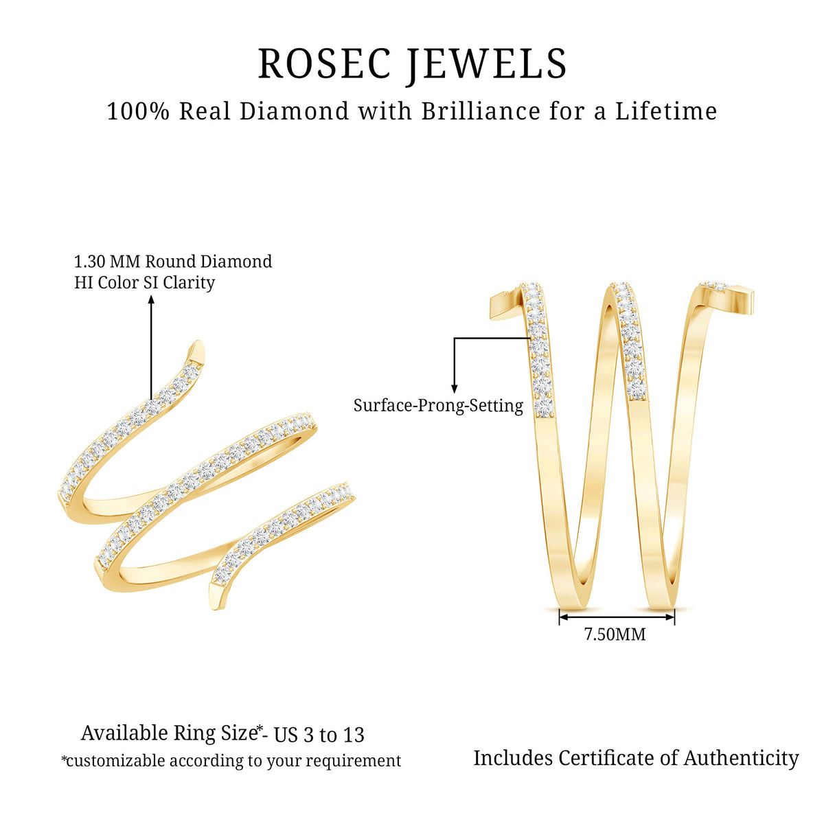Certified Diamond Spiral Ring For Women Natural - ( HI-SI ) - Rosec Jewels