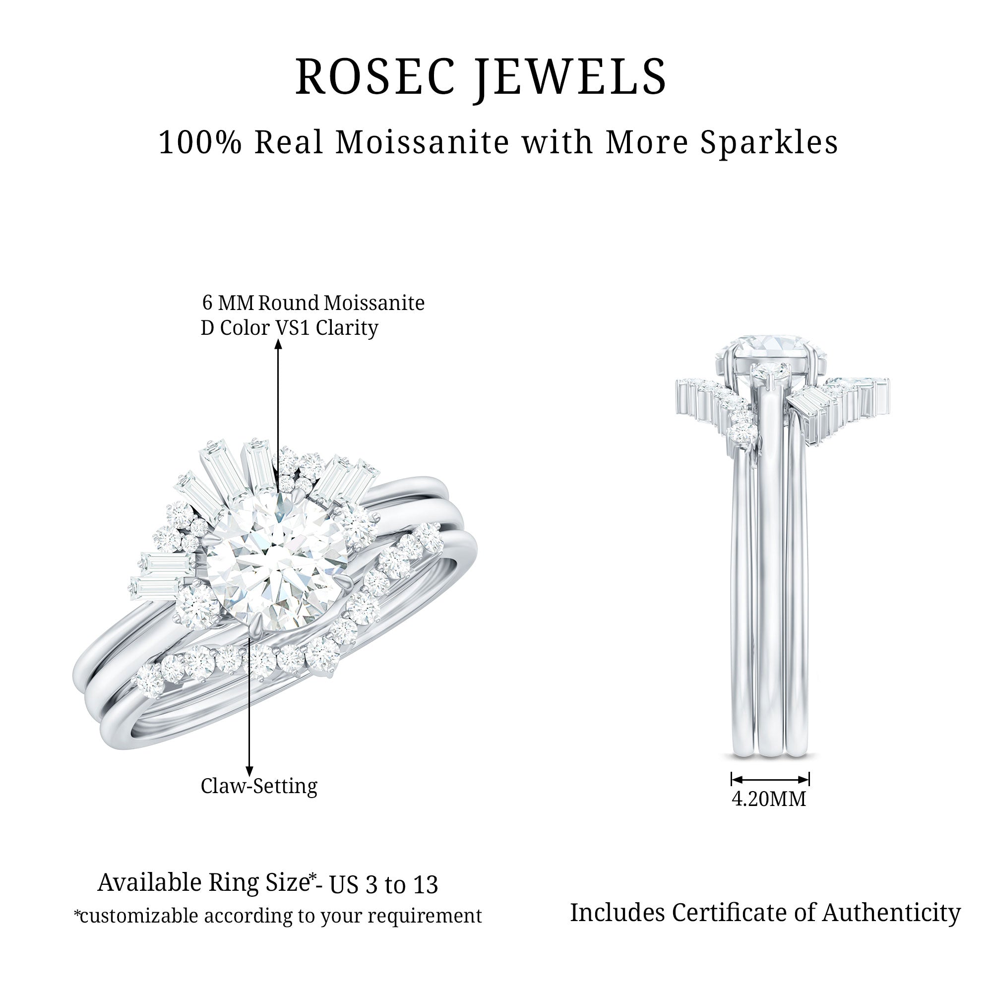 Vintage Inspired Moissanite 3 Piece Wedding Ring Sets D-VS1 - Rosec Jewels