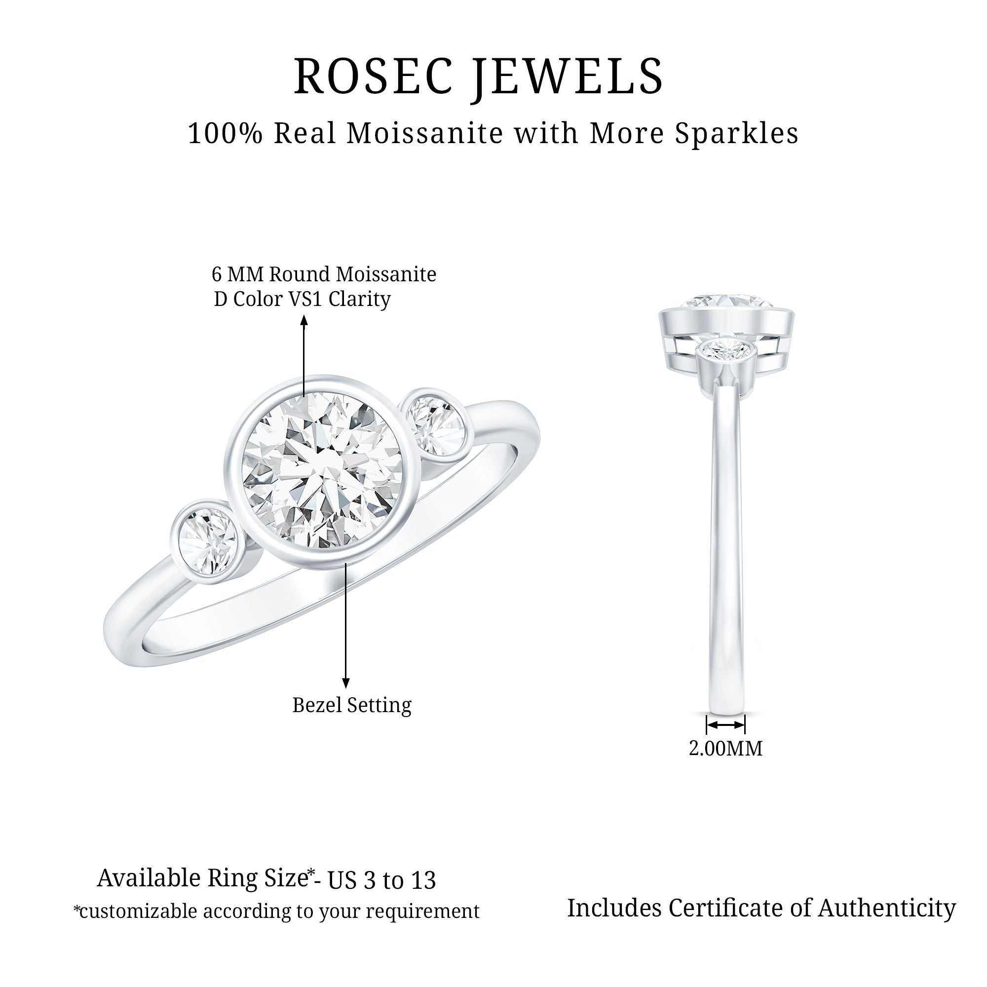 Bezel Set Moissanite Solitaire Engagement Ring D-VS1 - Rosec Jewels