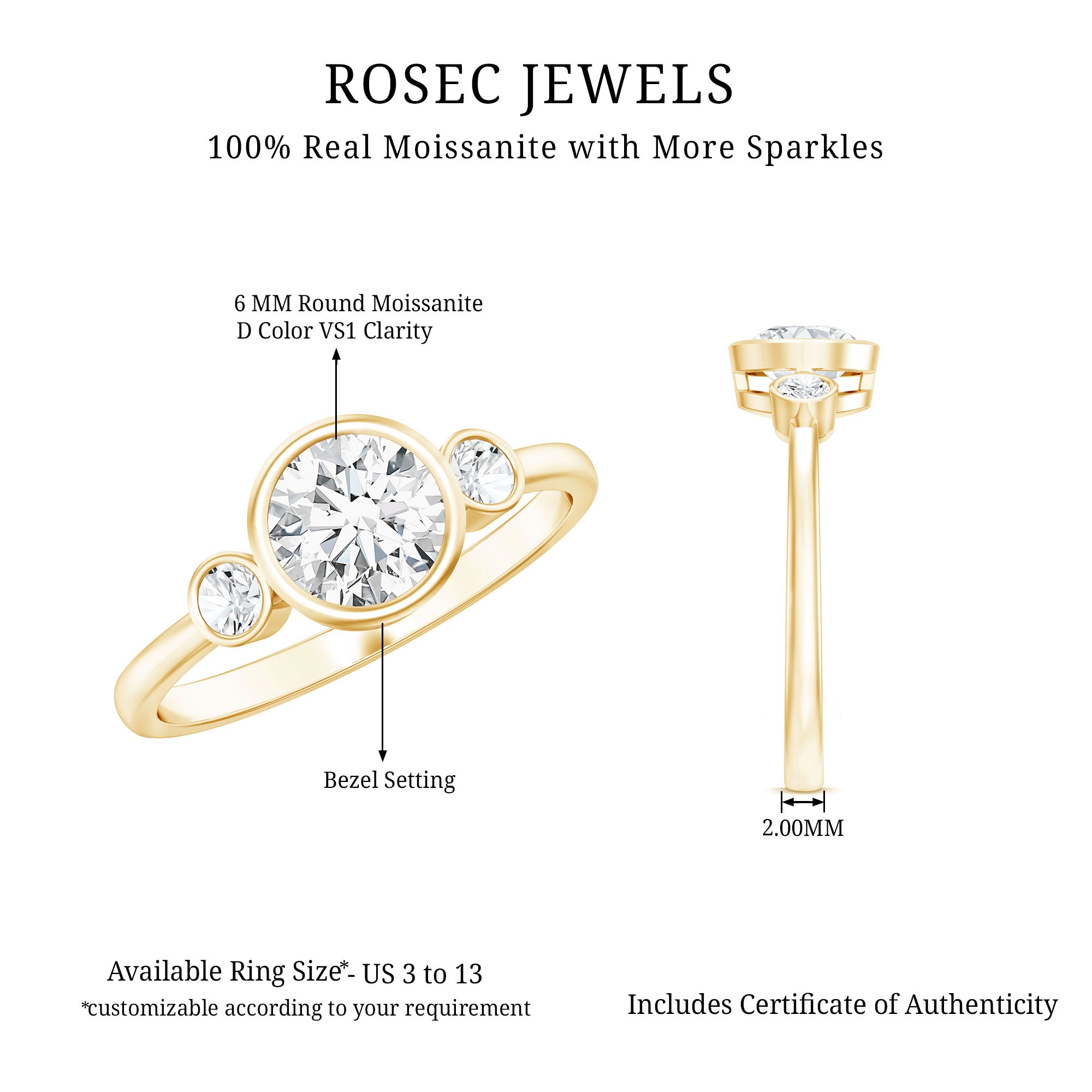 Bezel Set Moissanite Solitaire Engagement Ring D-VS1 - Rosec Jewels