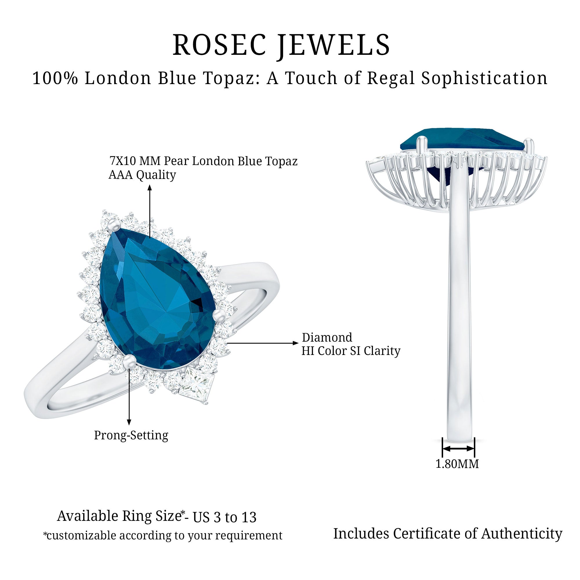 Rosec Jewels-Pear Shaped London Blue Topaz and Diamond Statement Engagement Ring
