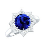 Certified 2.7 Carat Lab Grown Blue Sapphire Engagement Ring with Diamond Star Halo AAAA - Rosec Jewels