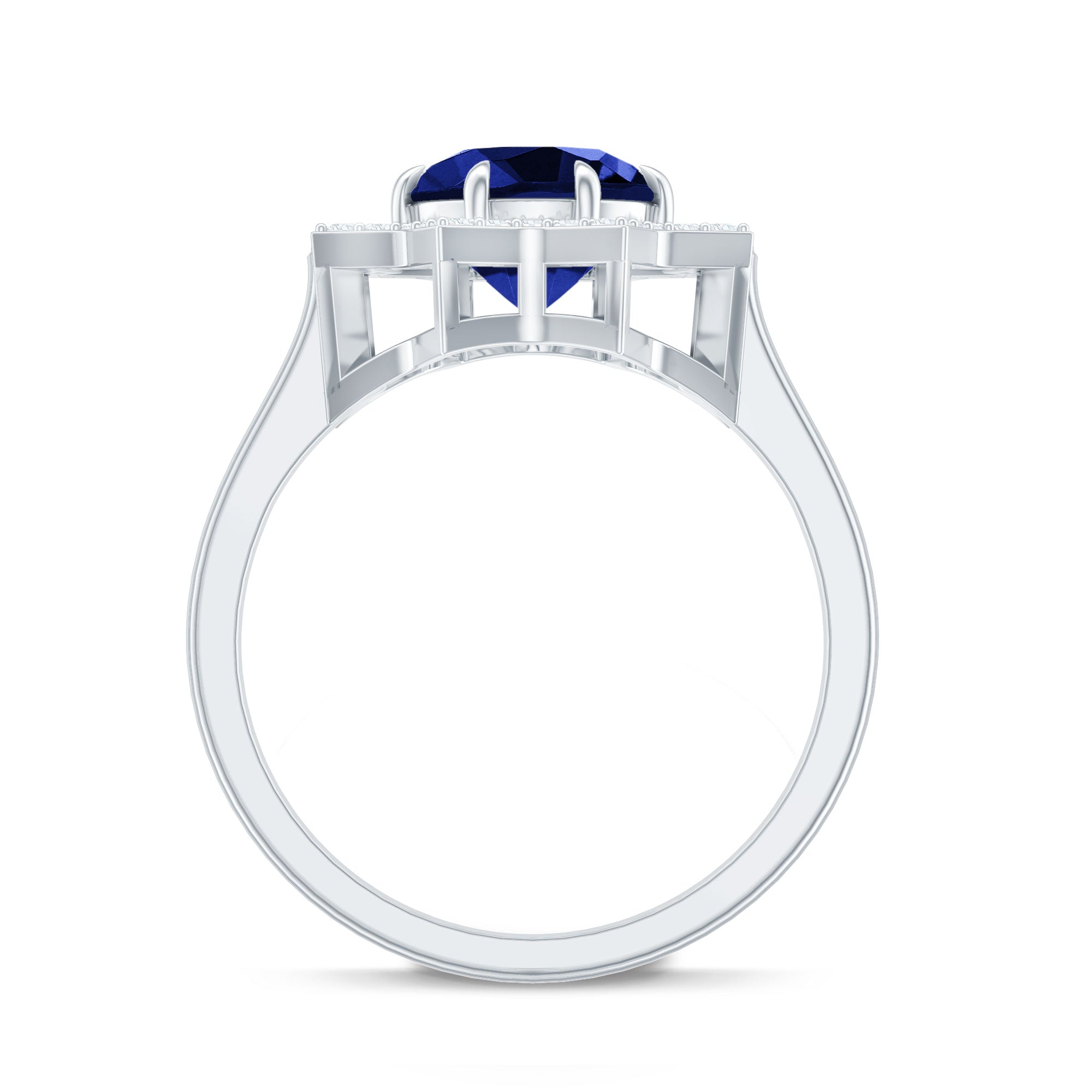Certified 2.7 Carat Lab Grown Blue Sapphire Engagement Ring with Diamond Star Halo AAAA - Rosec Jewels