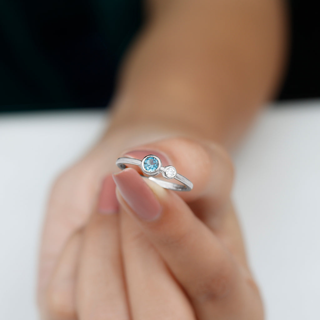 Moi et Toi London Blue Topaz and Moissanite Two Stone Minimal Ring London Blue Topaz - ( AAA ) - Quality - Rosec Jewels