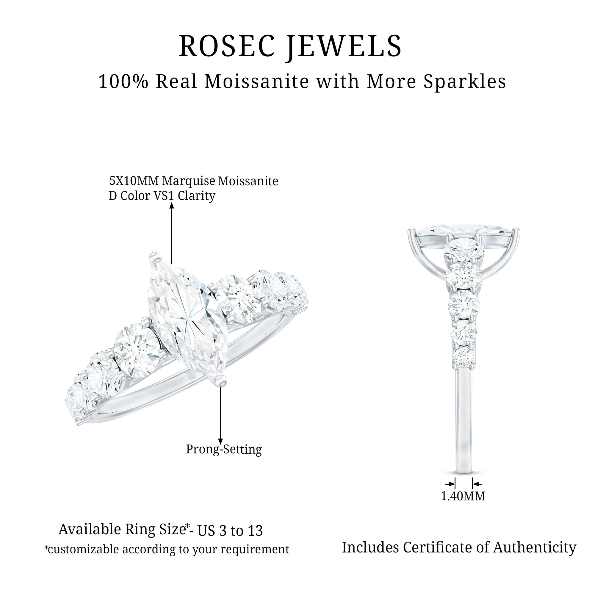 Rosec Jewels-Marquise Cut Moissanite Engagement Ring with Side Stones