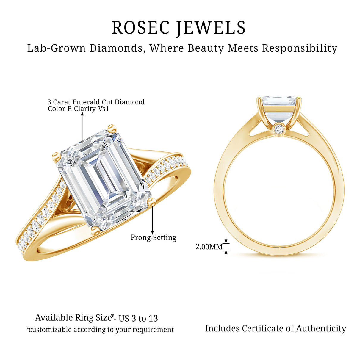 IGI Certified 3 Carat Lab Grown Diamond Emerald Cut Engagement Ring in Split Shank Lab - ( E-VS1 ) - Rosec Jewels
