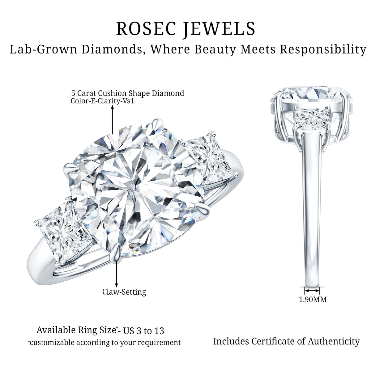 5 Carat Cushion Cut Lab Grown Diamond Journey Ring with IGI Certificate Lab - ( E-VS1 ) - Rosec Jewels