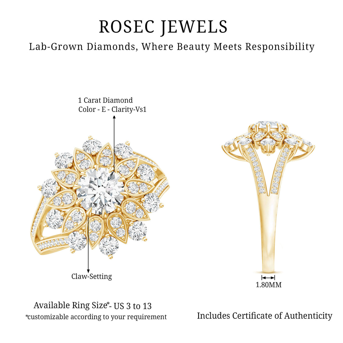 IGI Documented 1 Carat Lab Grown Diamond Statement Ring for Women Lab - ( E-VS1 ) - Rosec Jewels