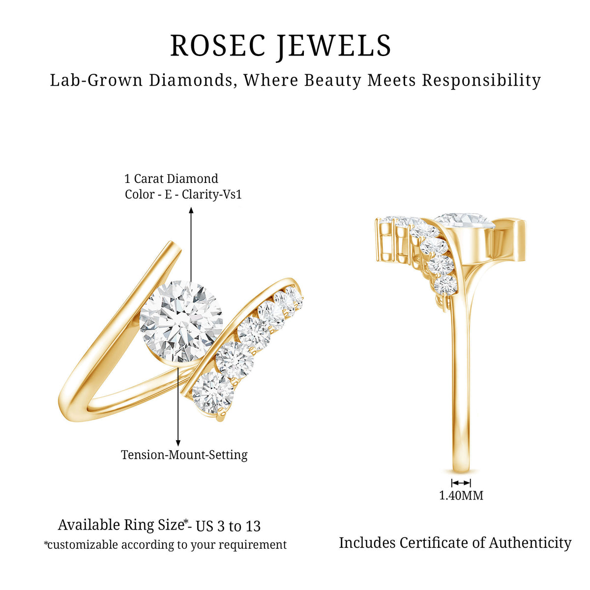 IGI Certified 1 Carat Lab Grown Diamond Bypass Engagement Ring Lab - ( E-VS1 ) - Rosec Jewels