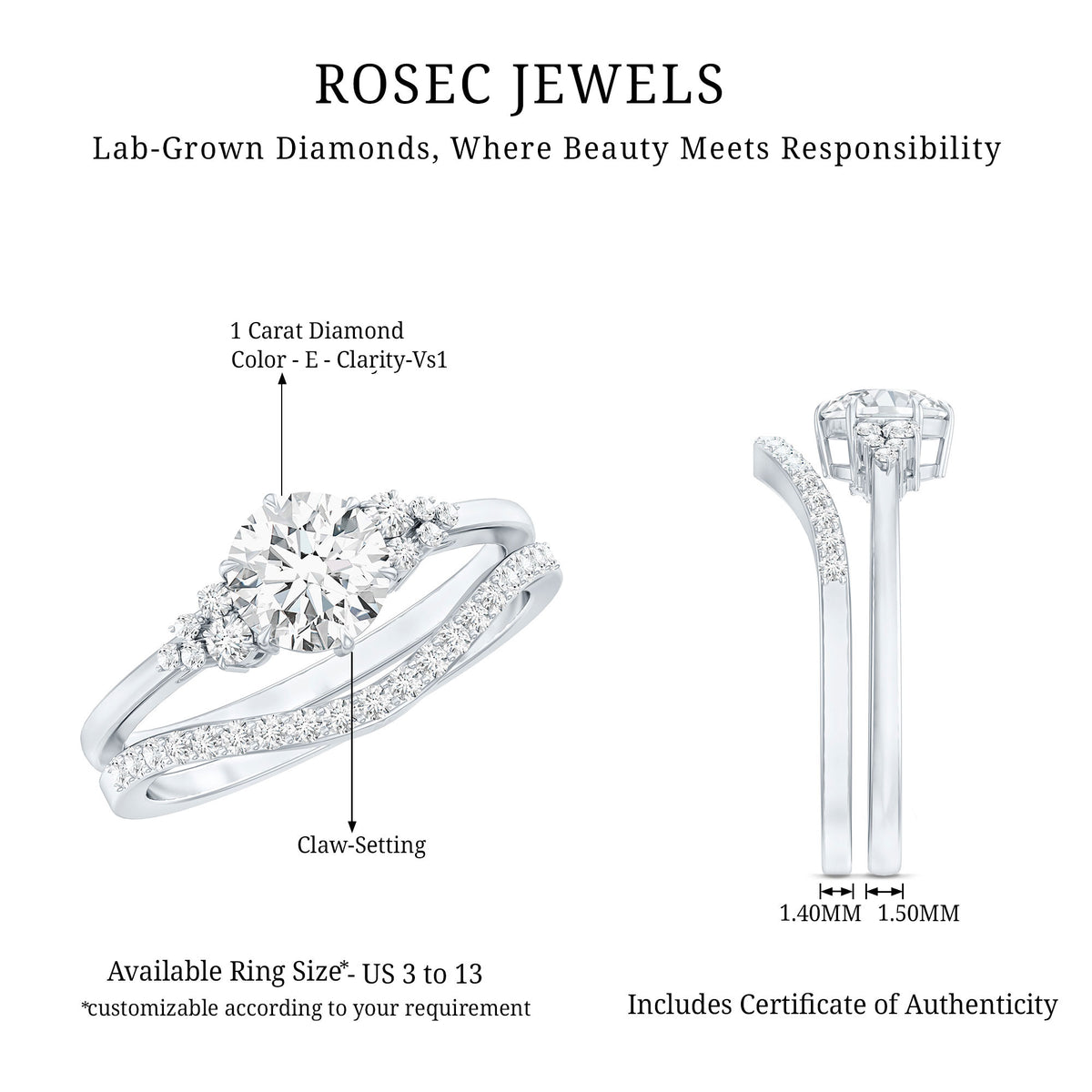 IGI Graded Lab Grown 1 Carat Diamond Engagement Ring with Wedding Band Lab - ( E-VS1 ) - Rosec Jewels
