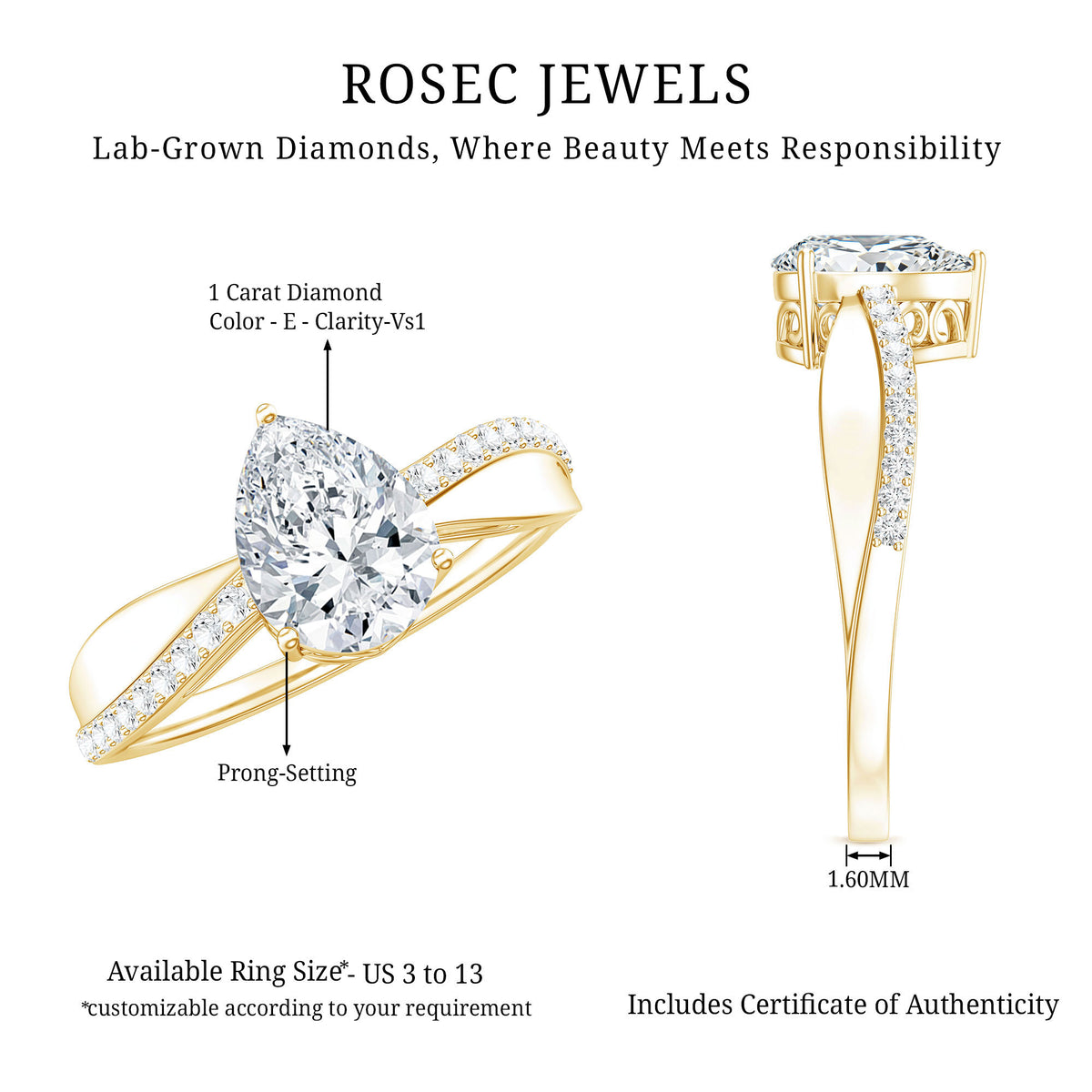 1 Carat Lab Grown Diamond Teardrop Engagement Ring with IGI Certificate Lab - ( E-VS1 ) - Rosec Jewels