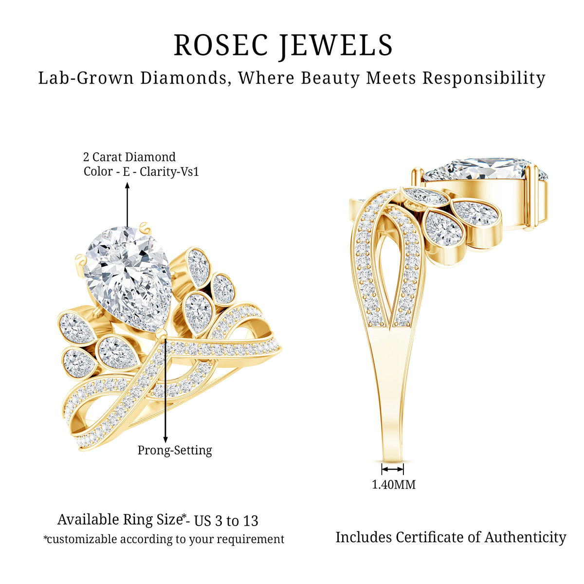 IGI Verified 2 Carat Lab Grown Diamond Cocktail Ring for Women Lab - ( E-VS1 ) - Rosec Jewels