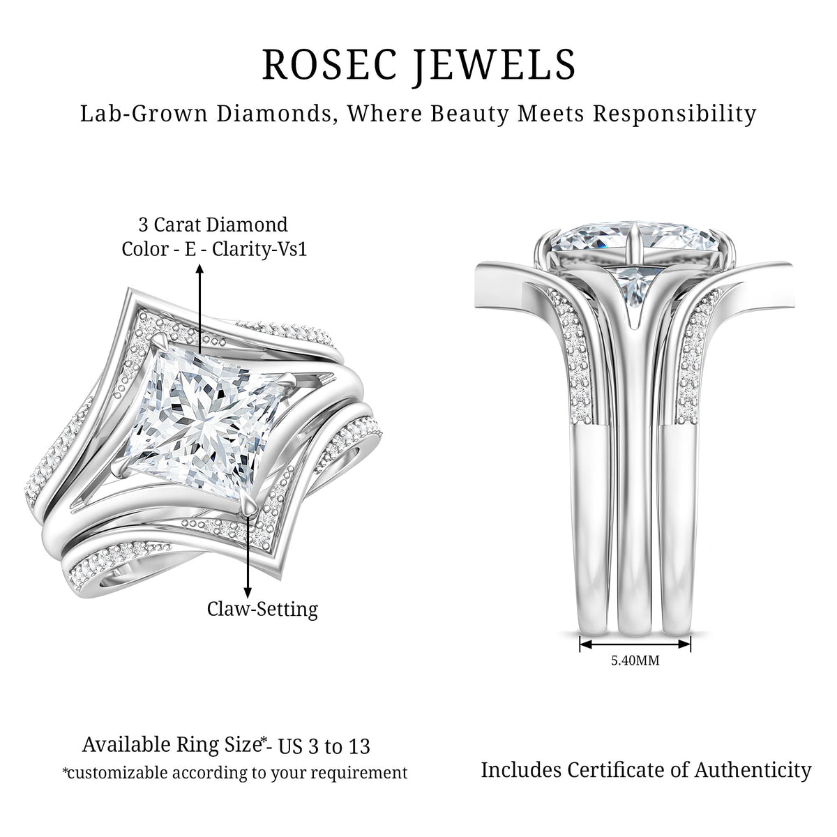 IGI Graded 3 Carat Lab Grown Diamond Princess Cut Engagement Ring with Enhancers Lab - ( E-VS1 ) - Rosec Jewels