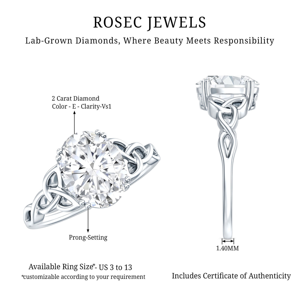 2 Carat Oval Cut Lab Grown Diamond Solitaire Celtic Knot Ring with IGI Certificate Lab - ( E-VS1 ) - Rosec Jewels