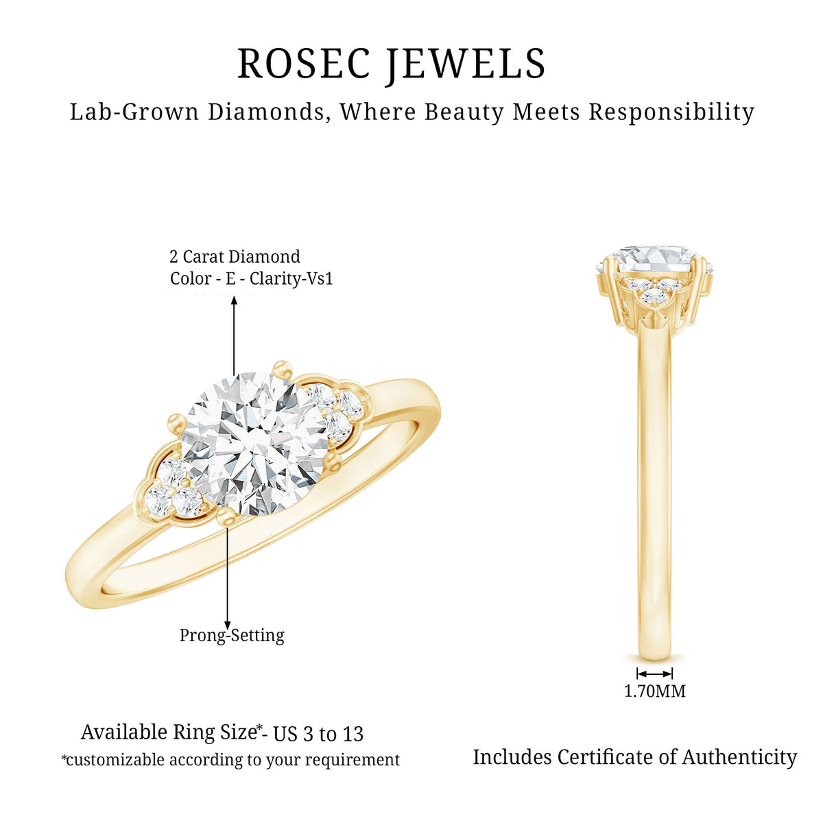 IGI Certified 2 Carat Lab Grown Diamond Round Engagement Ring for Her Lab - ( E-VS1 ) - Rosec Jewels