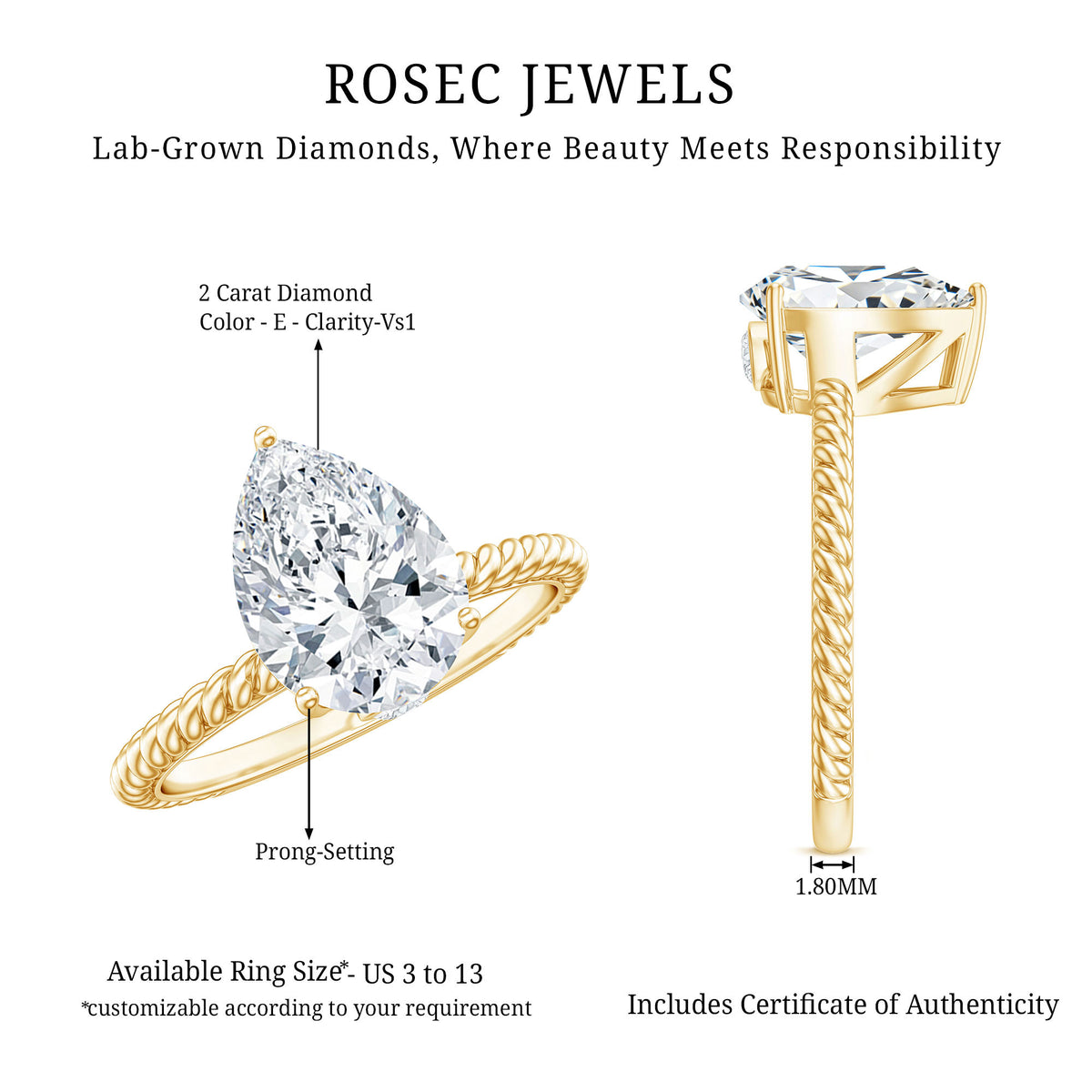 Lab Grown 2 Carat Diamond Teardrop Engagement Ring with IGI Certificate Lab - ( E-VS1 ) - Rosec Jewels