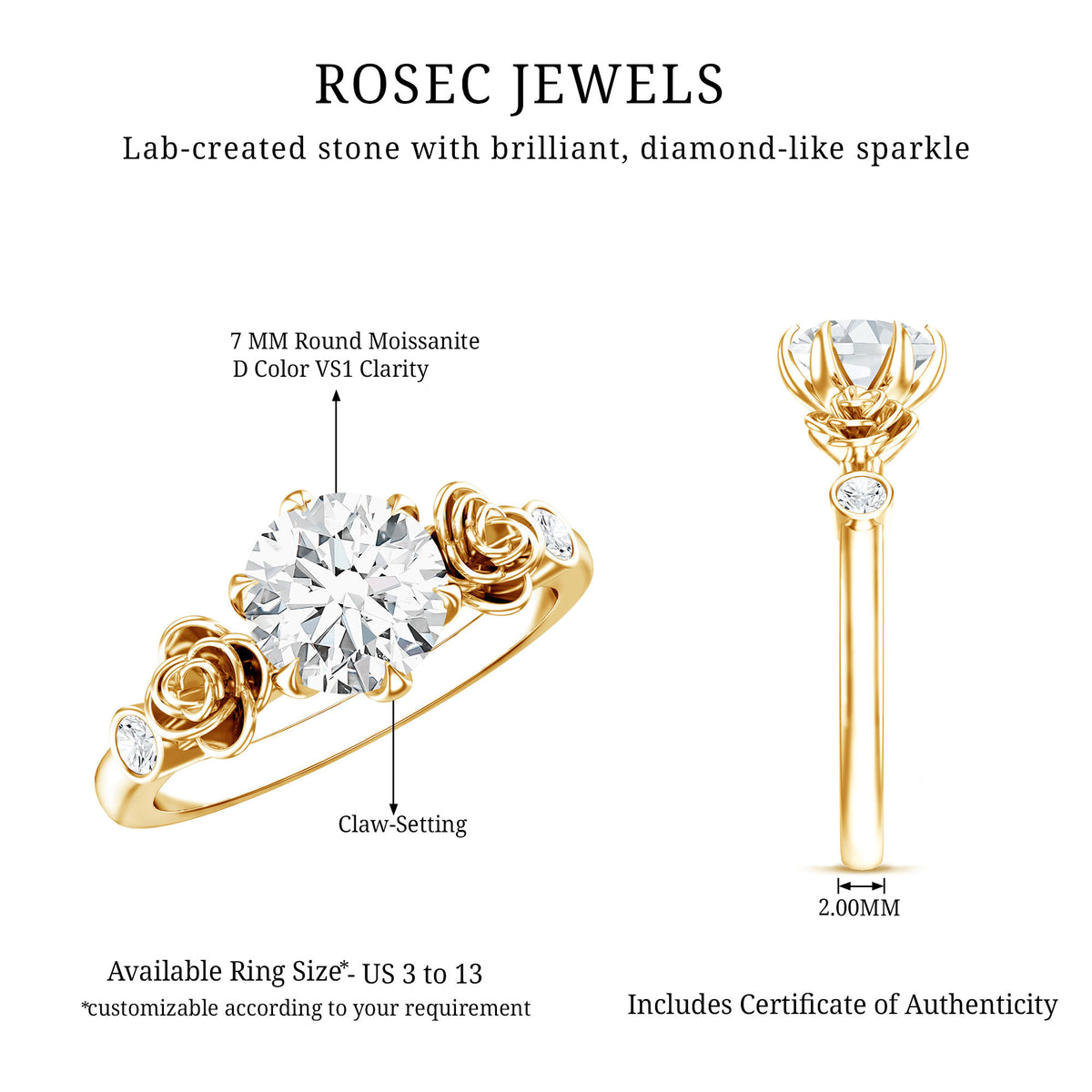 2 Carat Lab Grown Diamond Rose Flower Engagement Ring IGI Verified Lab - ( E-VS1 ) - Rosec Jewels