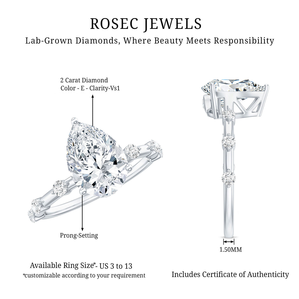 IGI Certified 2 Carat Diamond Pear Shaped Engagement Ring for Women Lab - ( E-VS1 ) - Rosec Jewels