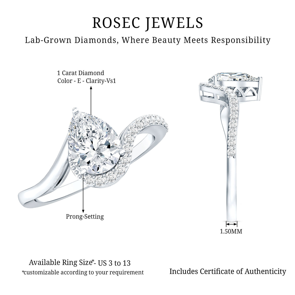 1 Carat Pear Shaped Lab Grown Diamond Bypass Engagement Ring IGI Graded Lab - ( E-VS1 ) - Rosec Jewels