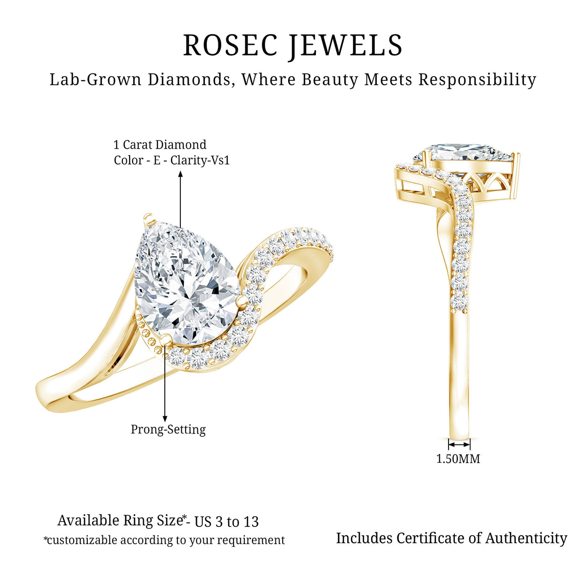 1 Carat Pear Shaped Lab Grown Diamond Bypass Engagement Ring IGI Graded Lab - ( E-VS1 ) - Rosec Jewels