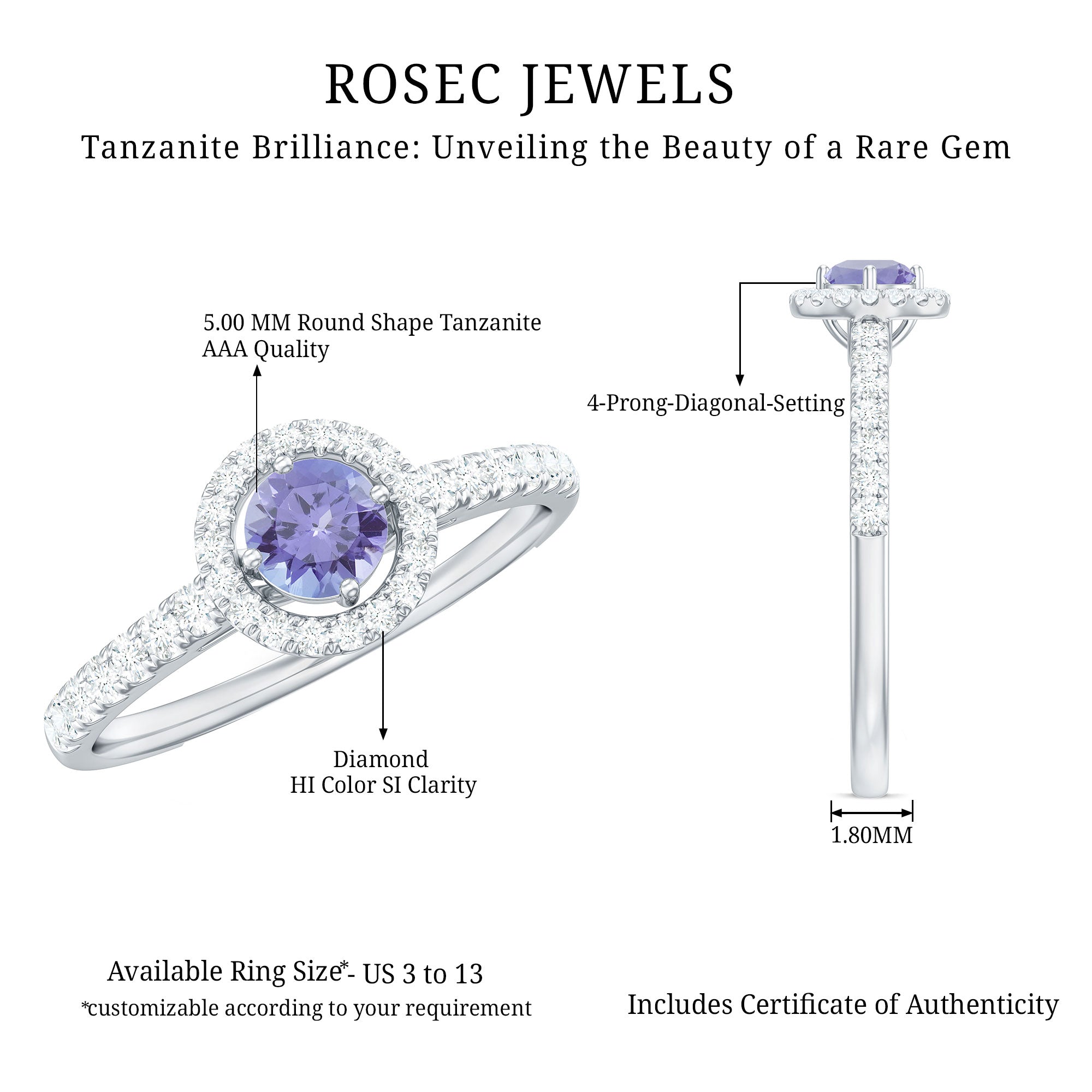 Rosec Jewels-Natural Tanzanite and Diamond Promise Ring for Engagement