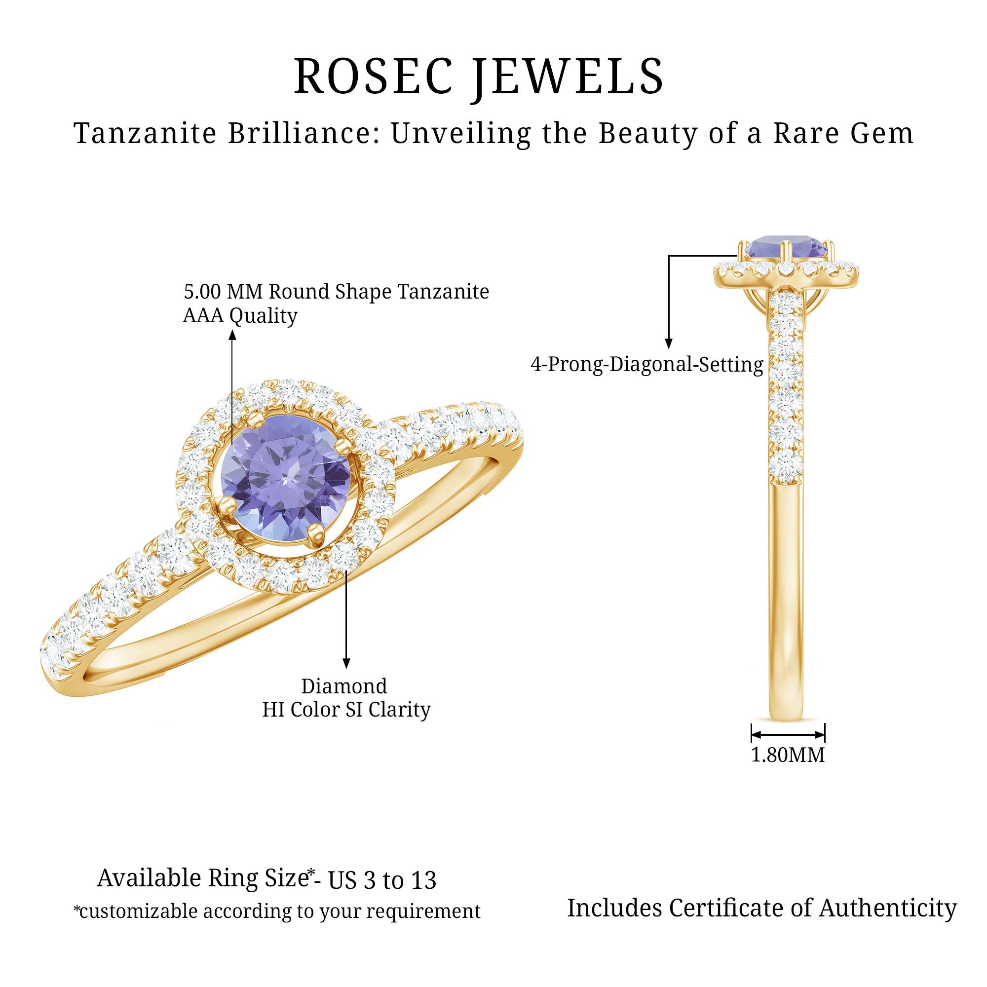 Rosec Jewels-Natural Tanzanite and Diamond Promise Ring for Engagement