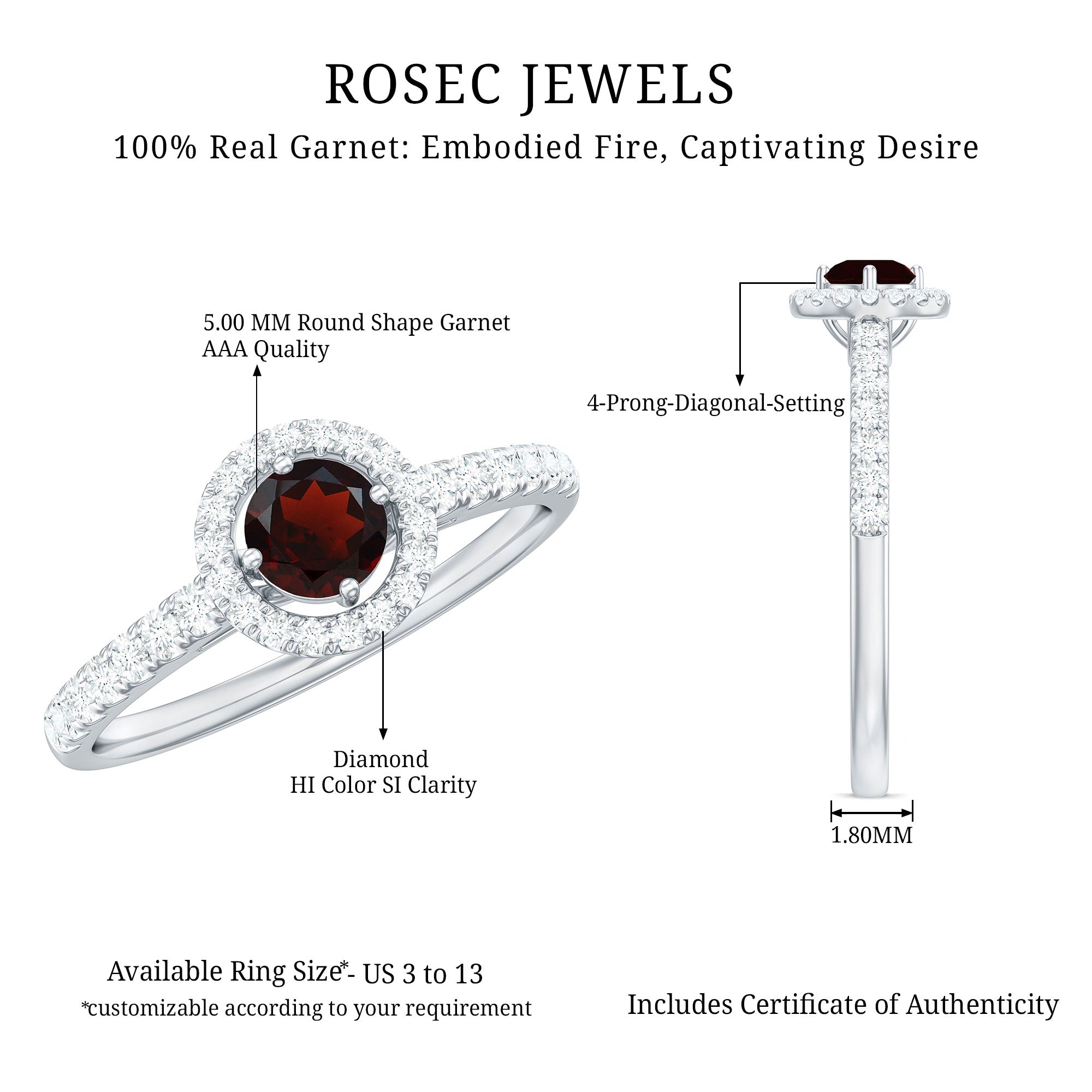 Rosec Jewels-Garnet Minimal Engagement Ring with Diamond Halo
