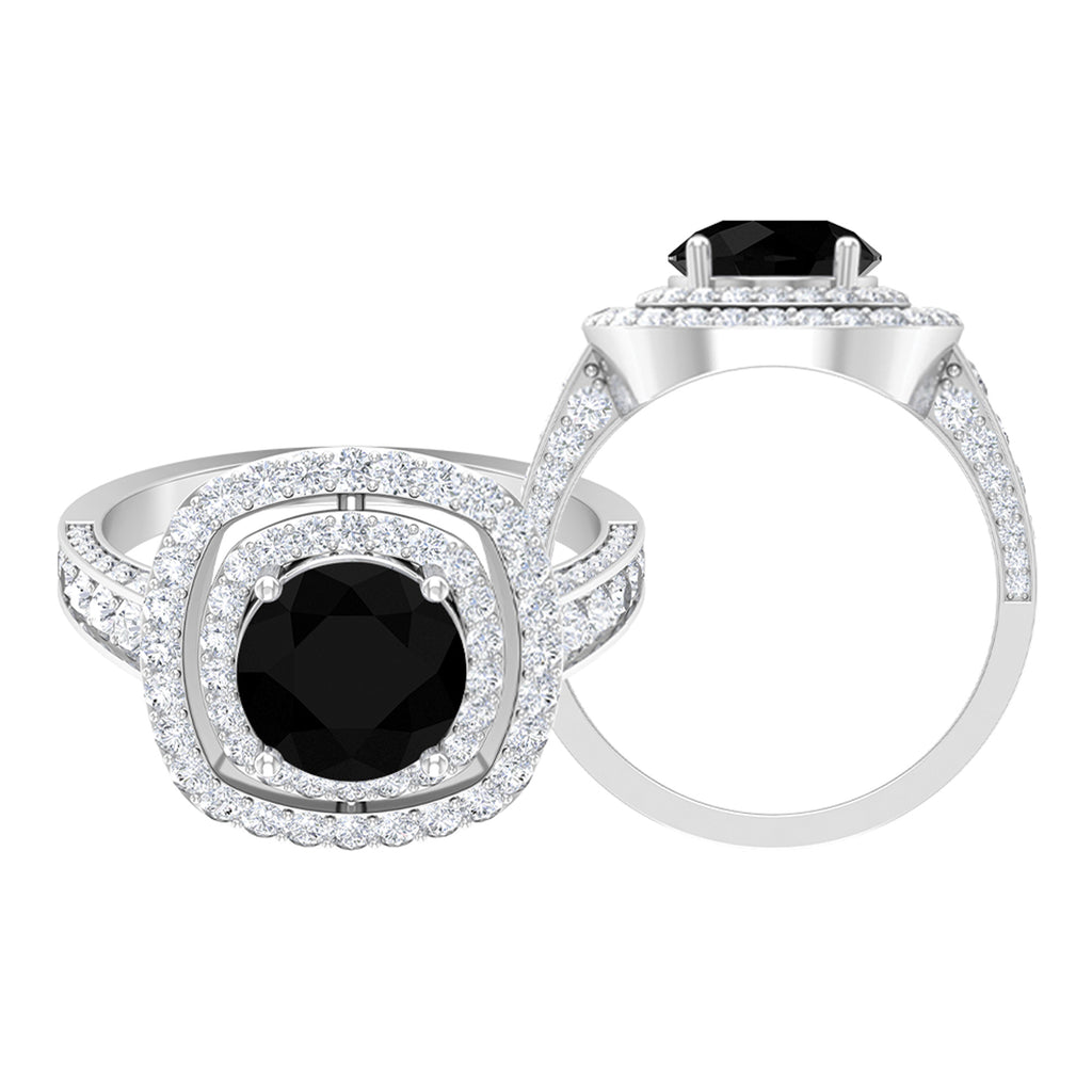 Lab Grown Black Diamond Double Halo Engagement Ring With Moissanite Lab Created Black Diamond - ( AAAA ) - Quality - Rosec Jewels