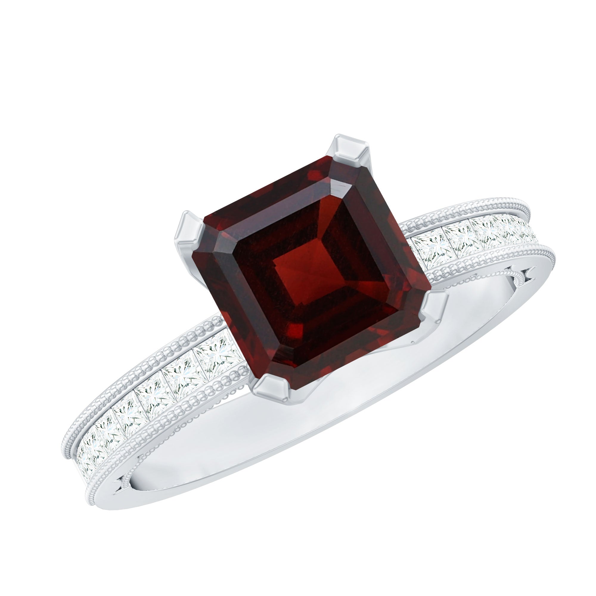 Rosec Jewels-Natural 8mm Asscher Cut Garnet Engagement Ring with Diamond Side Stones