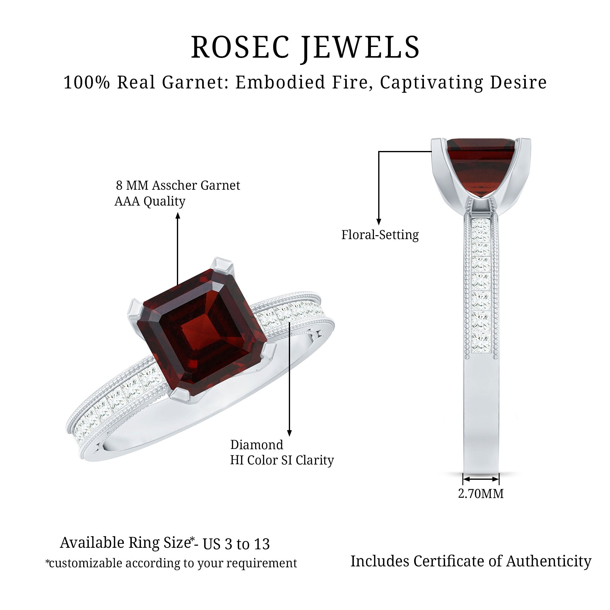 Rosec Jewels-Natural 8mm Asscher Cut Garnet Engagement Ring with Diamond Side Stones